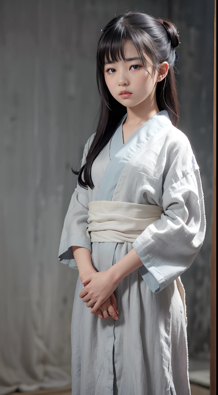 ((Best quality, 8K, Masterpiece :1.3)), Sharp focus:1.2 ， Photorealsitic，(Cinematic lighting)，Facial detail texture. Eye details. Double eyelids, Slender body. Super small breasts, -yeld gi photo-realistic:1.37，Perfect eyes, ((1 girl in a gray yukata))，1 Ninja Girl，Young girl in rags，（white sash），(Thick fabric)，((Ragged linen)),With a petite figure，brunette color hair，Long hair draped loosely，Qi bangs，Stand in the cold, Standing posture，Apology pose，Prison of terror，Torture room，A large number of torture instruments，Full body like，Hands tied behind your back，Clothing covers the whole body，folds，((solid color backdrop))，eye closeds，weeping，streaming tears，agony，sideways standing,clothes torn