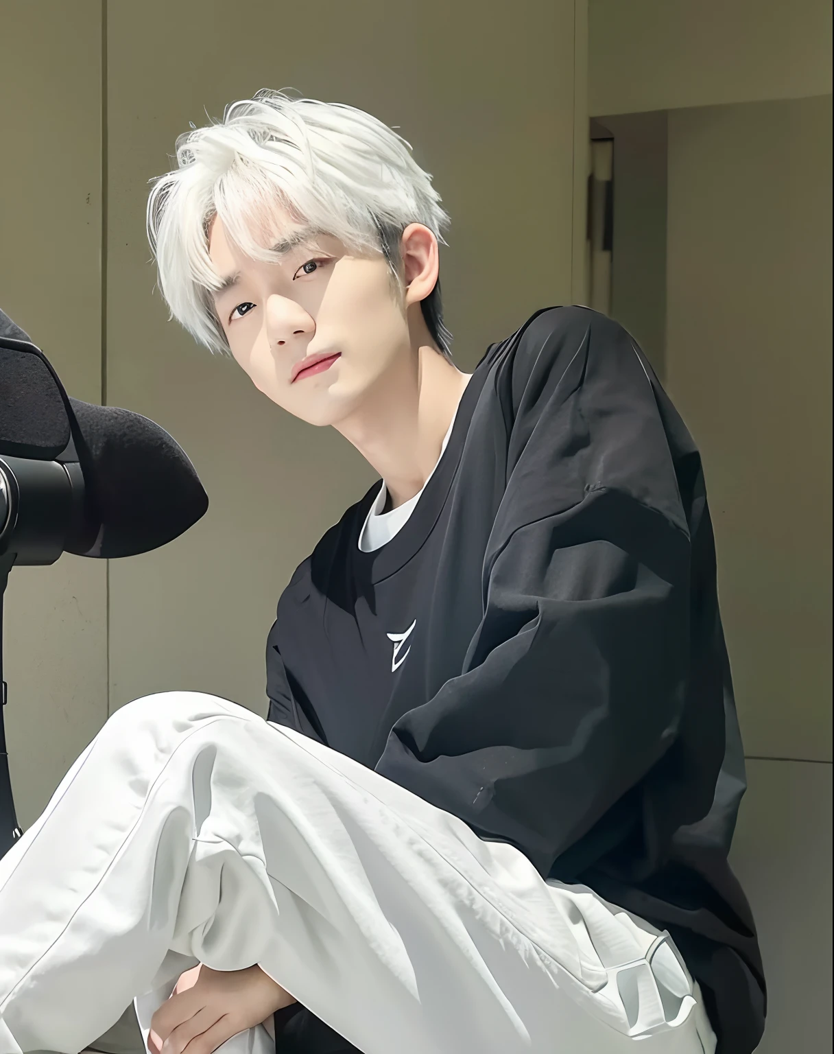 1boy, Gojo Satoru, Wavy hair, White hair, Oversized black t-shirt, realistic, ultra detail, 70 mm lens