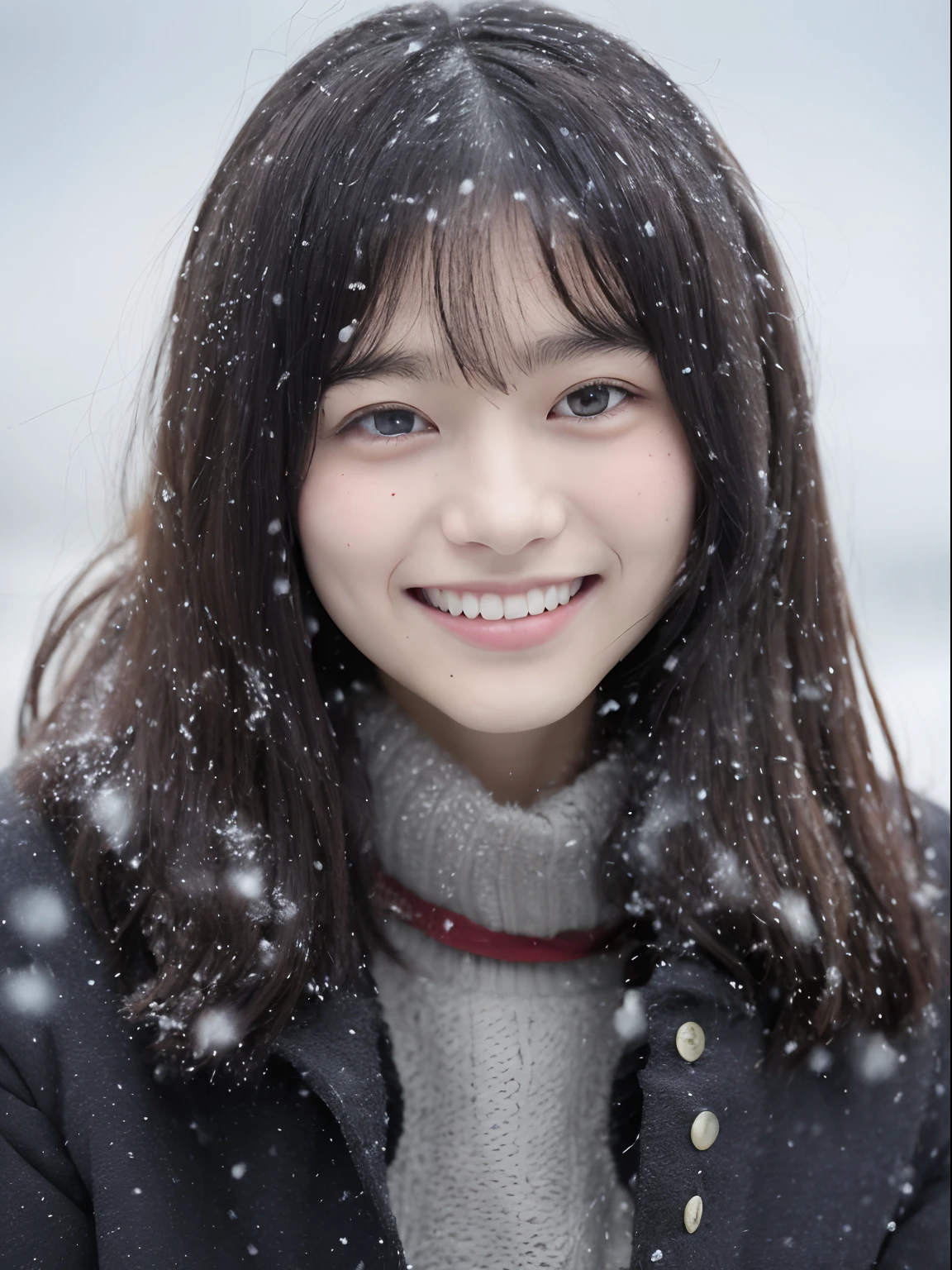 (Japanese high school students)(8k、top-quality、Masterpiece、超A high resolution:1.2) (Paul Rubens and Rebecca Guay's style:1.1) (Gloomy winter snow:1.4)、a smile、(nudde:1.4)