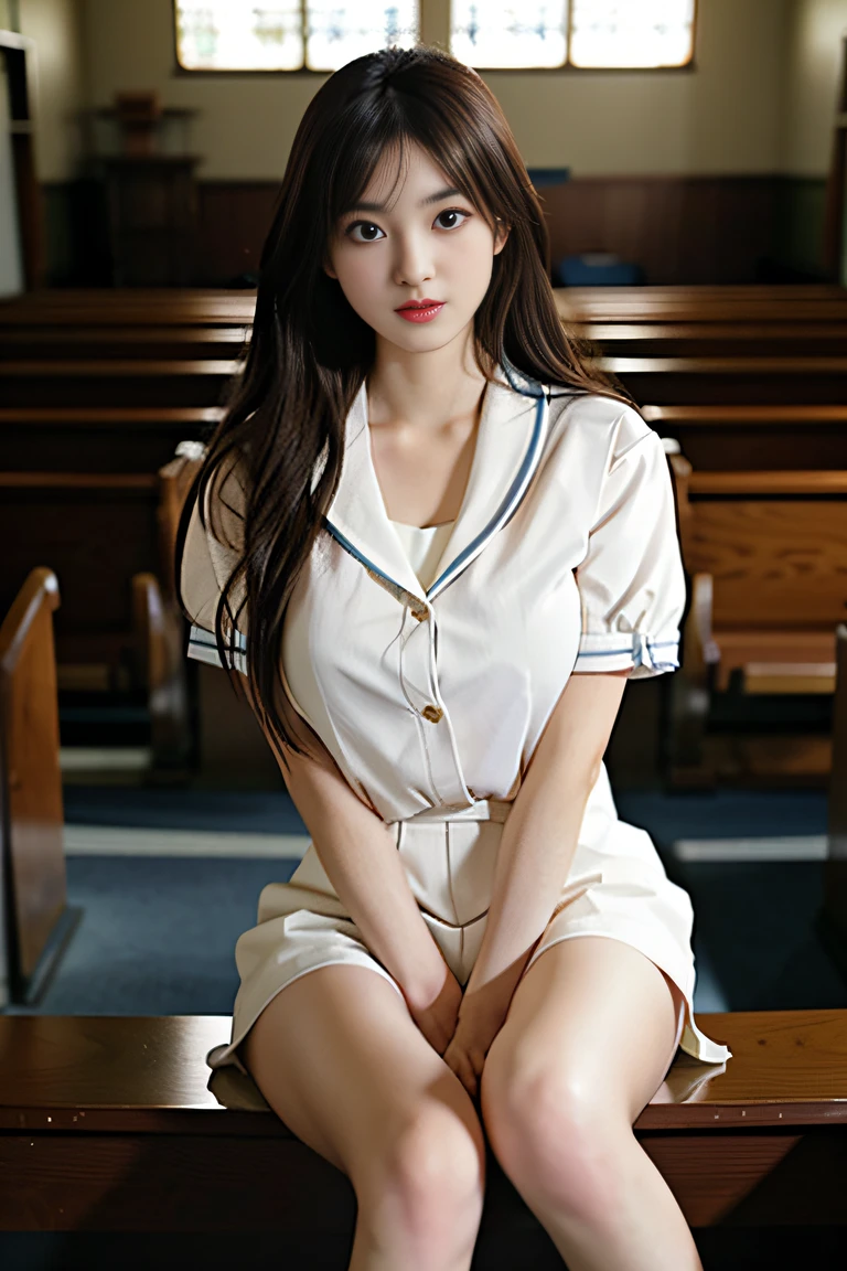 (((Draw only one woman: 2))), Beautiful 18 year old Japan woman, (High school girl in short sleeve sailor suit: 1.5), (Japan strict girls' school sailor uniform), ( High school girl pretending to be sitting in church pews: 1.2), (Beautiful and elaborate stained glass on the background: 1.5), ((1screen)), 8K, RAW shot, top quality photo, masutepiece, Amazing realism photos, ((Anatomically correct proportions: 1.5)), ((Perfect proportions)), Cute woman like an idol in Japan, Detailed face, Detailed eyes, Narrow Nose, Detailed hands and fingers , detailed arms, Detailed skin, Detailed legs, short torso, Slender body, (shiny long hair: 1.5), ((Big breasts that seem to break through the uniform: 1.6)), Sailor suit that fits her body