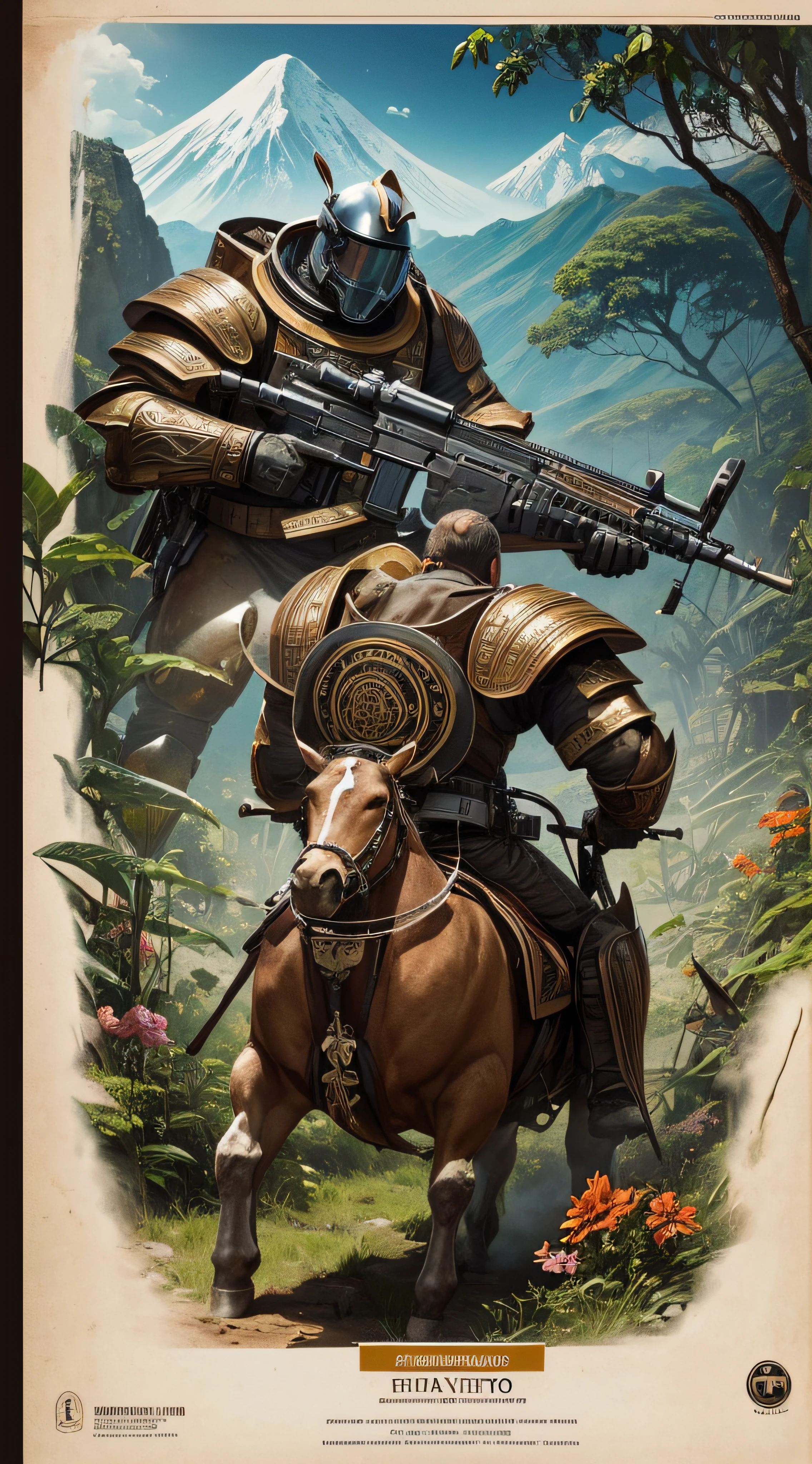 (extremadamente detallado, obra maestra, La mejor calidad, foto antigua, principios de siglo, VHS Aesthetics) astronauta heavy armor. Armas grandes, cannons on his back. motosierras. pieles de animales. In the middle of a strange jungle. Vegetables from another dimension. Epic flowers far away, organic trees with meat. Luz noche.