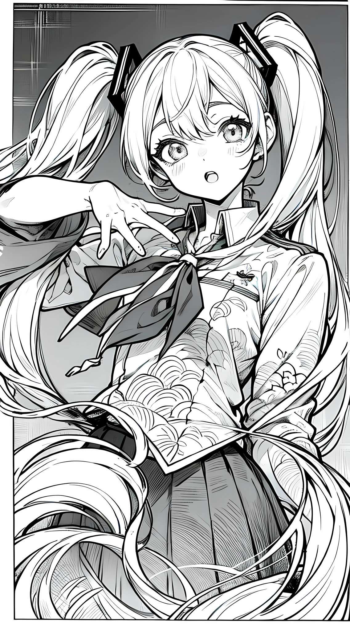 hatsune miku, japanese manga, manga page, high res, ultrasharp, 8k, masterpiece:1.2, manga panel, story, detailed eyes, intricate background, manga style, monochrome, twintail hair, different pose, idol scene, singing pose, extremely fine, detailed hand, schoolgirl uniform