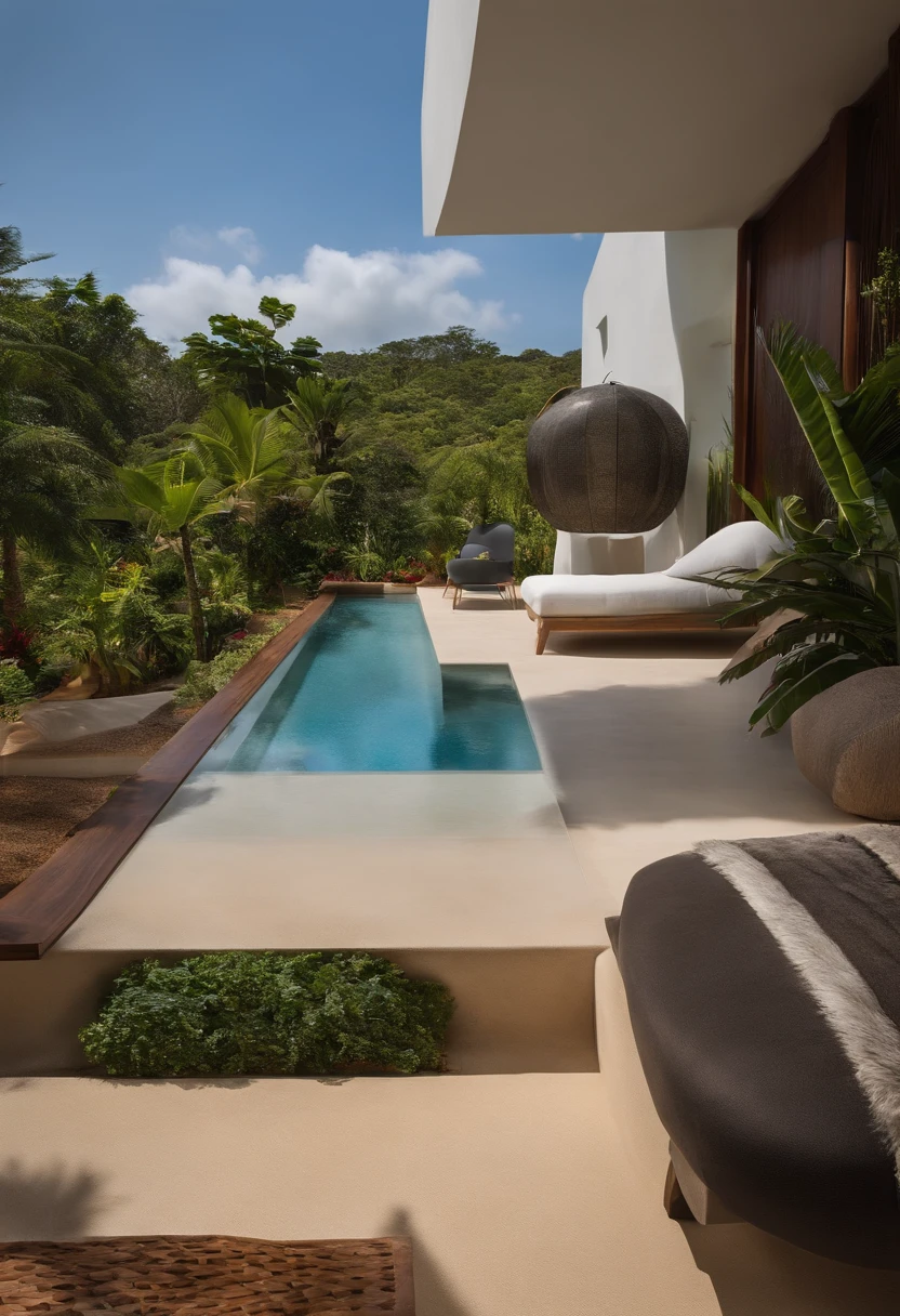 Casa moderna,Futuristic and classic design mixed, janelas enormes do tamanho da parede, teto e paredes de pedra,no fancy lighting at all, Bastante decorado, a imagem das janelas tem de ser de uma floresta tropical sob fortes chuvas.