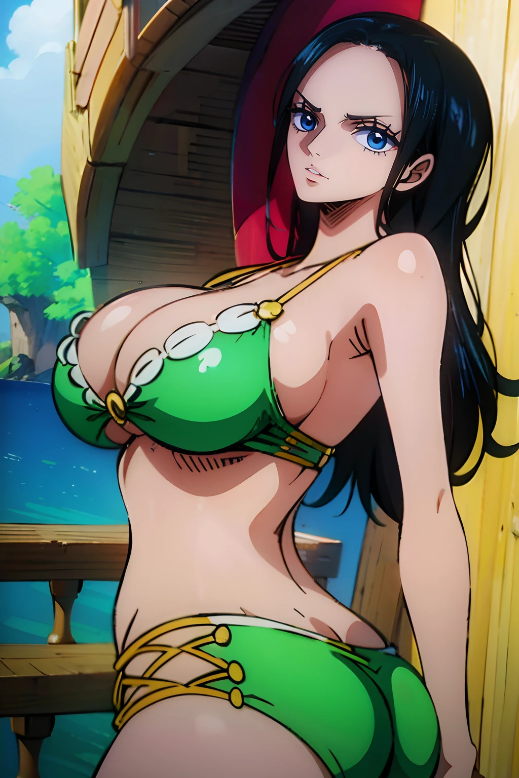 Nico Robin from One Piece wearing a tight green bikini and she’s look happy,  high quality eyes, blue eyes, Shiny eyes, Shiny white skin, puffy red lips, high quality lips, showing the ass, big ass, big boobs, best quality.