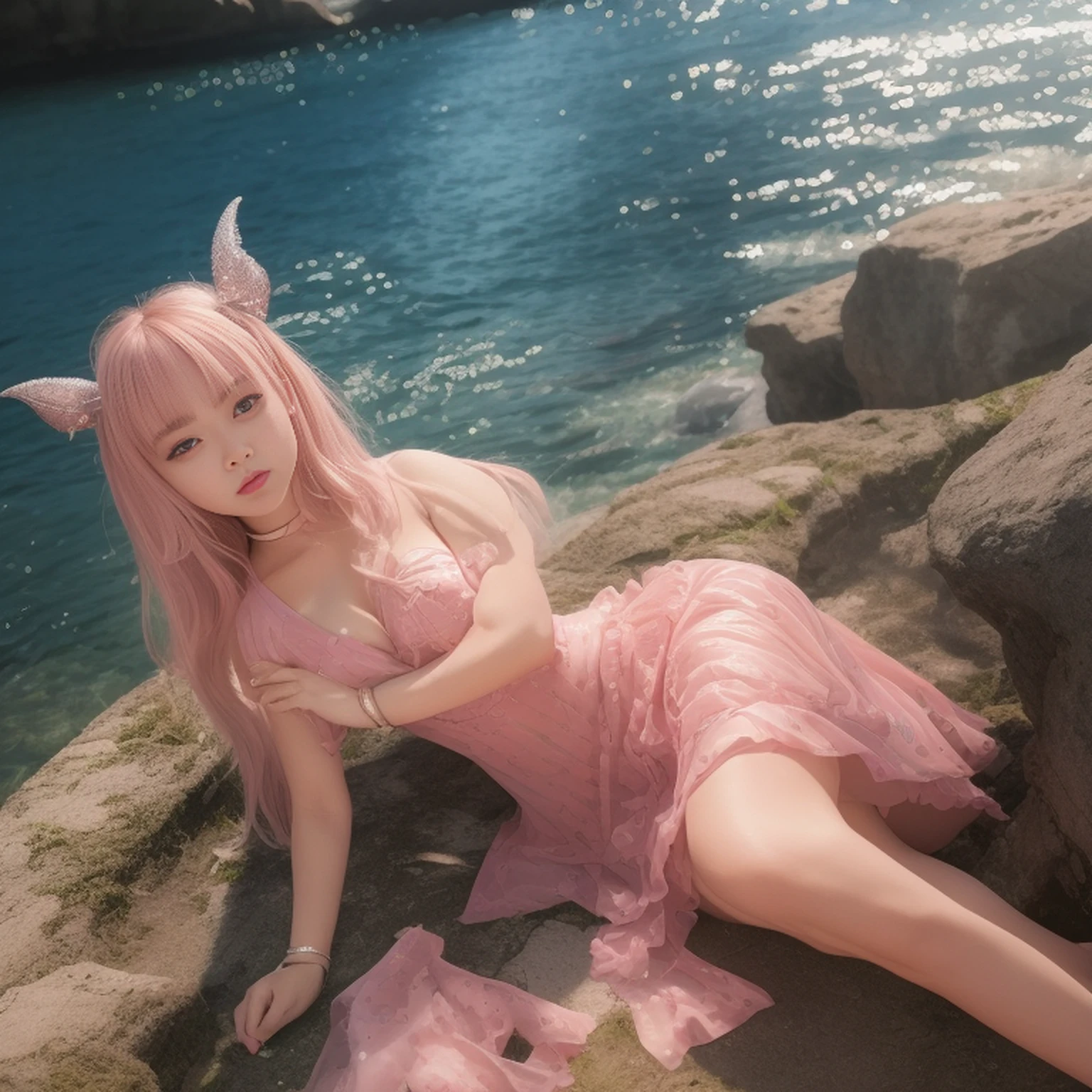 One lady、nudde、fullnude、Pink 、Female genitals、tiny chest、Pink hair、length hair、Cat's ears、kawaii、Resorts、Blue Sea、White sandy beach、shores、A smile、、Sexual organics、an legs、opens legs、kawaii、skinny body、A slender、being thin、hi-school girl、stroll、Opening legs、Shaved、No pubic hair、M-shaped legs、Sitting、cute little