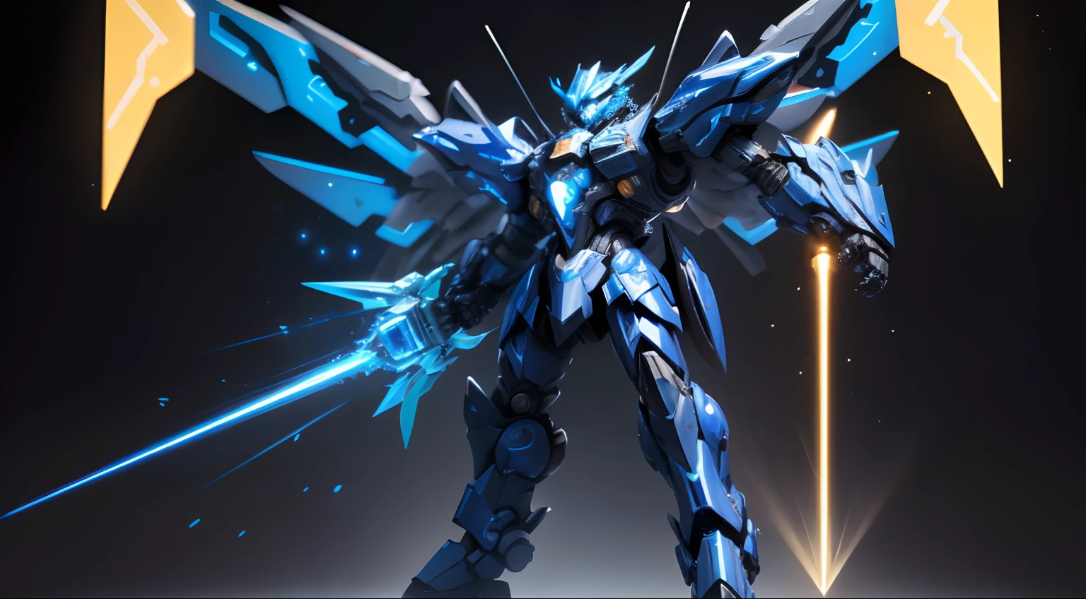 Blue mech（It has a golden sheen），It is equipped with an electromagnetic cannon and a laser gun，Holding a magic crystal tomahawk。There are three pairs of wings，The whole body is covered with nanocomposite armor。