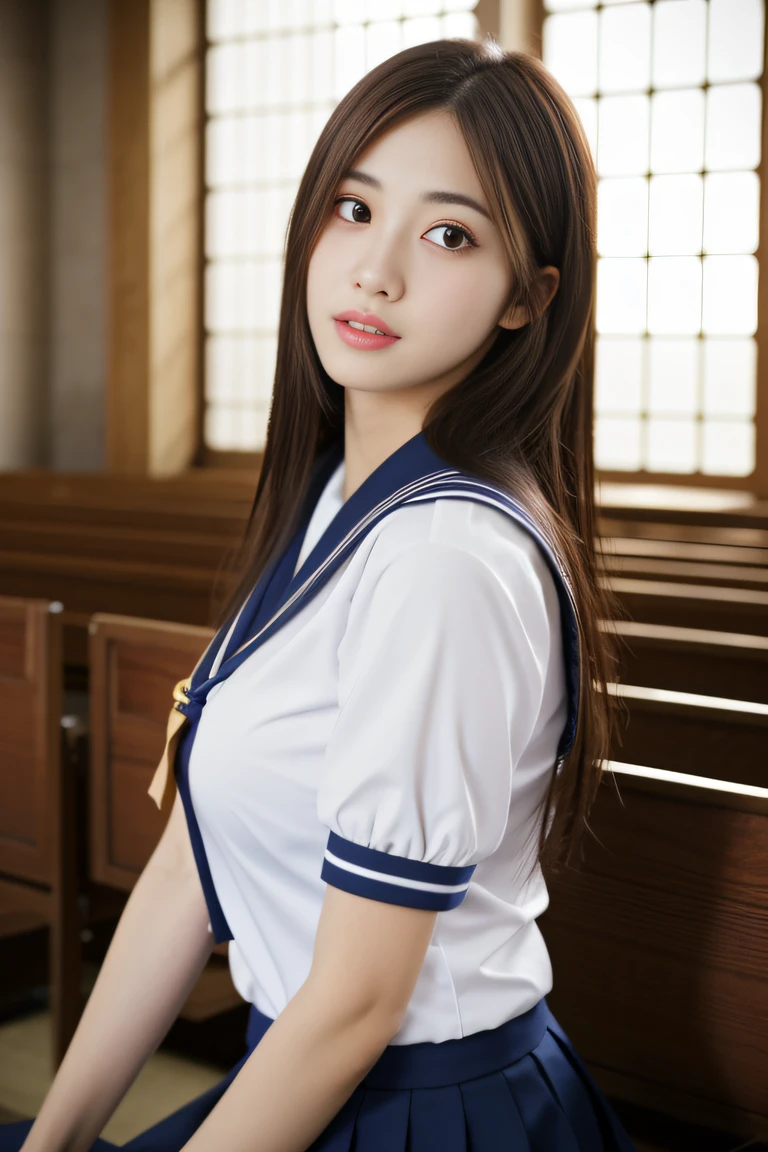 (((Draw only one woman: 2))), Beautiful 18-year-old Japanese woman, (High school girl in a short-sleeved sailor uniform: 1.5), (Japanese strict girls' school sailor uniform), ( Schoolgirl pretending to be sitting on a church pew: 1.2), (Beautiful and elaborate stained glass in the background: 1.5), ((1 screen)), 8K, RAW shot, highest quality photo, masterpiece, wonderful realism photo, ((anatomically correct proportions: 1.5)), ((perfect proportions)), cute woman like a Japanese idol, detailed face, detailed eyes, narrow nose, detailed hands and fingers , Detailed arms, detailed skin, detailed legs, short torso, slender body, (shiny long hair: 1.5), ((big breasts that look like they'll burst through the uniform: 1.5)), sailor suit that fits her body