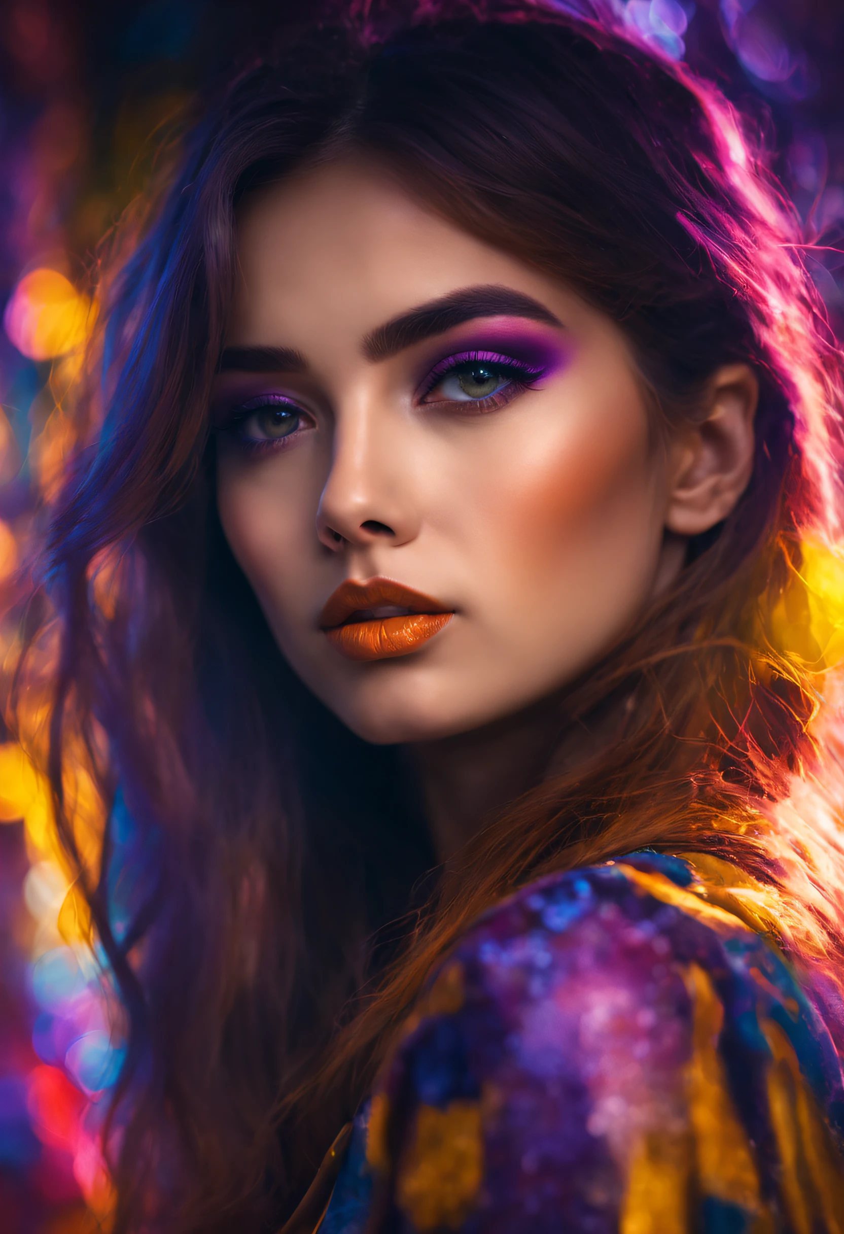 ~*~Breathtaking~*~ cinematic realistic close-up shot in a movie scene, vibrant colors, highly detailed, presented in cinemascope, creating a moody atmosphere.
beauty portrait displaying colorful makeup on a girl, in the style of translucent immersion, solarizing master, yellow and purple, colorful mindscapes, juxtaposed hues, luminous reflections --ar 2:3 --style raw --v 5.1