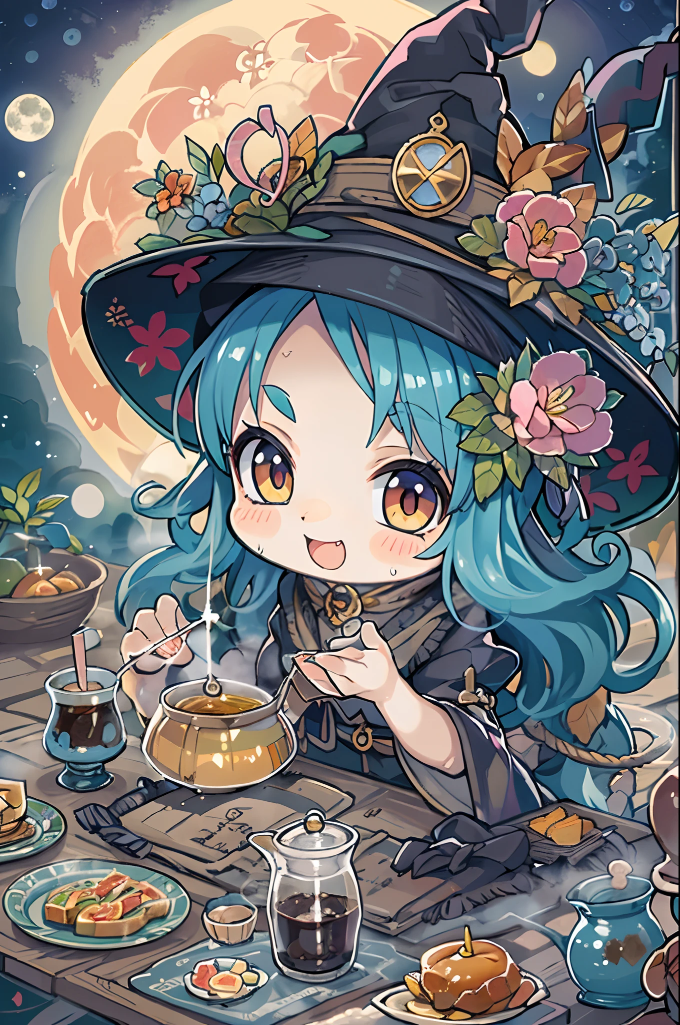masutepiece, Best Quality, Chibi, Wizard Tea Party, the witch, beautiful witch, Happy, Vibrant, Colorful,(((Big Full Moon)))、Under the full moon
