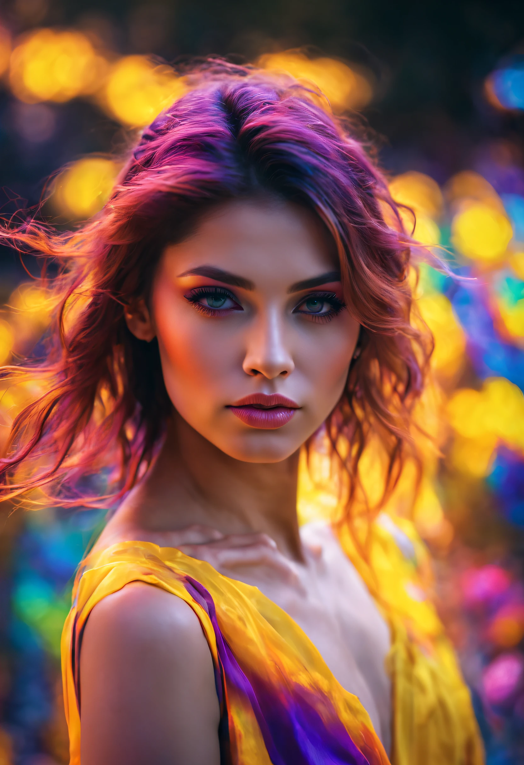 ~*~Breathtaking~*~ cinematic realistic close-up shot in a movie scene, vibrant colors, highly detailed, presented in cinemascope, creating a moody atmosphere.
beauty portrait displaying colorful makeup on a girl, in the style of translucent immersion, solarizing master, yellow and purple, colorful mindscapes, juxtaposed hues, luminous reflections --ar 2:3 --style raw --v 5.1