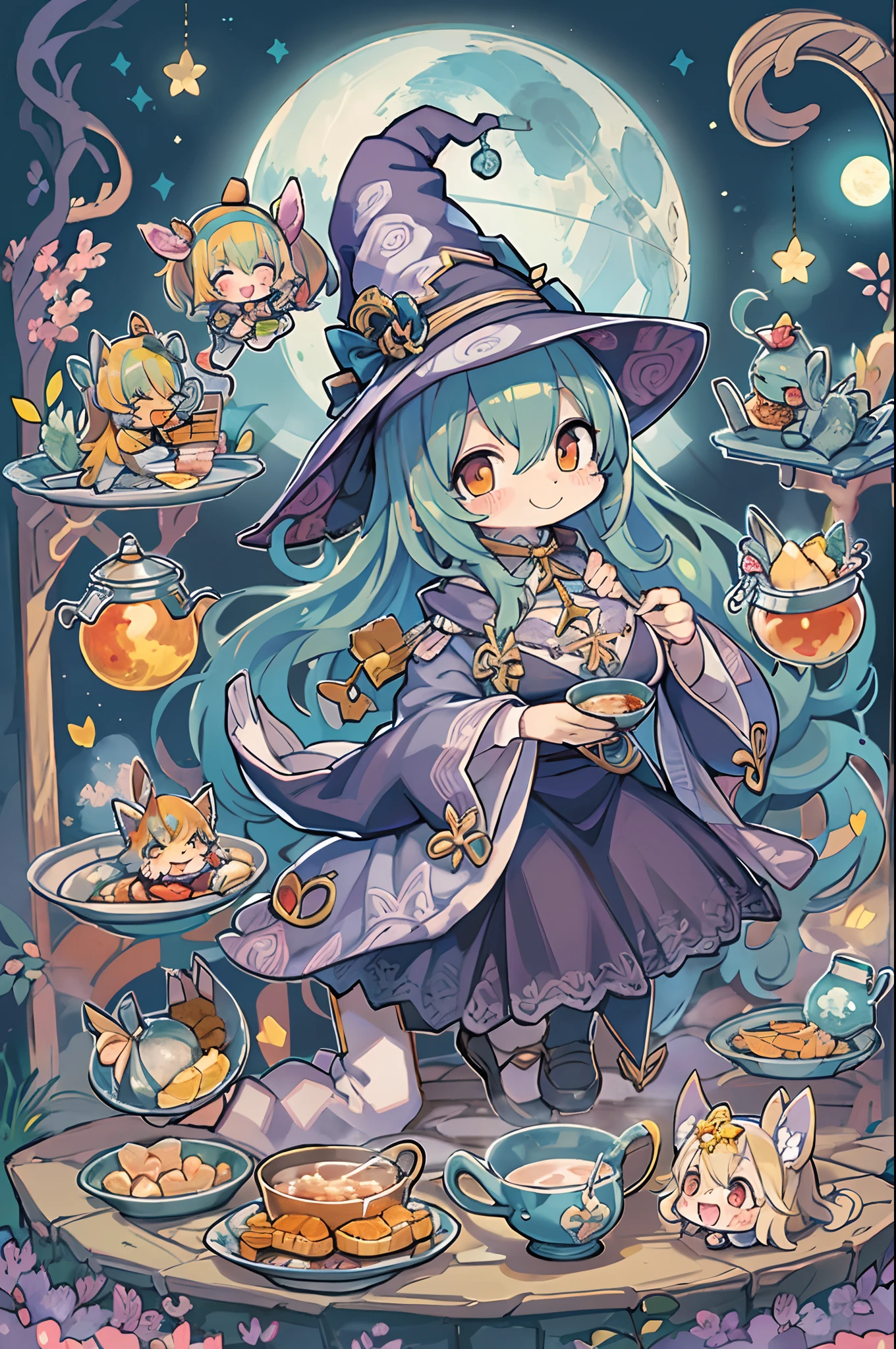 masutepiece, Best Quality, Chibi, Wizard Tea Party, the witch, beautiful witch, Happy, Vibrant, Colorful,(((Big Full Moon)))、Under the full moon