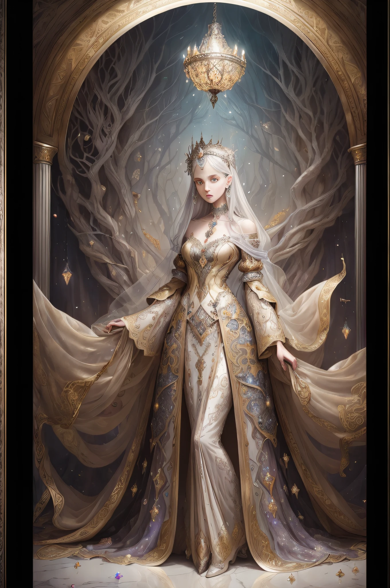 Prompt: (masterpiece), best quality, expressive girl, perfect detailed face, perfect detailed hands, laying in repose, wearing a creative concept design costume, a strange yet beautiful outfit covered in opals, decorated with black embroidery, hoarfrost, and whisky shadow, (white & silver & beige themed clothes), she stands alone facing the camera, set in the orientalist art movement, a crowded arabesque palace, fantasy creatures and adorable monsters serve overflowing plates of fruit, Epic Fantasy, dreamy, magical environment themes, (by Tim Burton & Vivienne Westwood & Brian Froud), mixed media style, hard edges, featured on Artsy scene, artistic details, high resolution, midjourney, Model: Blossom Light