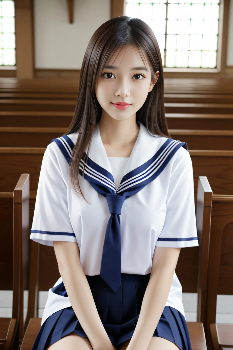 (((Draw only one woman: 2))), Beautiful 18 year old Japan woman, (High school girl in short sleeve sailor suit: 1.5), (Japan strict girls' school sailor uniform), ( High school girl pretending to be sitting in church pews: 1.2), (Beautiful and elaborate stained glass on the background: 1.5), ((1screen)), 8K, RAW shot, top quality photo, masutepiece, Amazing realism photos, ((Anatomically correct proportions: 1.5)), ((Perfect proportions)), Cute woman like an idol in Japan, Detailed face, Detailed eyes, Narrow Nose, Detailed hands and fingers , detailed arms, Detailed skin, Detailed legs, short torso, Slender body, (shiny long hair: 1.5), ((Big breasts that seem to break through the uniform: 1.6)), Sailor suit that fits her body