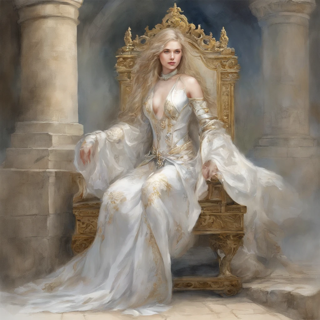 masutepiece、A highly detailedＣＧ、8Ｋ、((Joan of Arc))、Chiquita、Japan Traditional、((Japanese anime))、japanese comic book、ink and watercolor painting、watercolor paiting、pale color、(blanche：1．9)、frontage、Peach-colored hairs、Silky hair、Joanne Art Girl in Tattered White Fantasy Dress Armor、Chiquita、in a castle、a throne、cross one's legs、The most beautiful girl in the world、 , nffsw, River Fantasy, Micro Detail, Soft light, Photorealistic, Proportional, hyperdetails