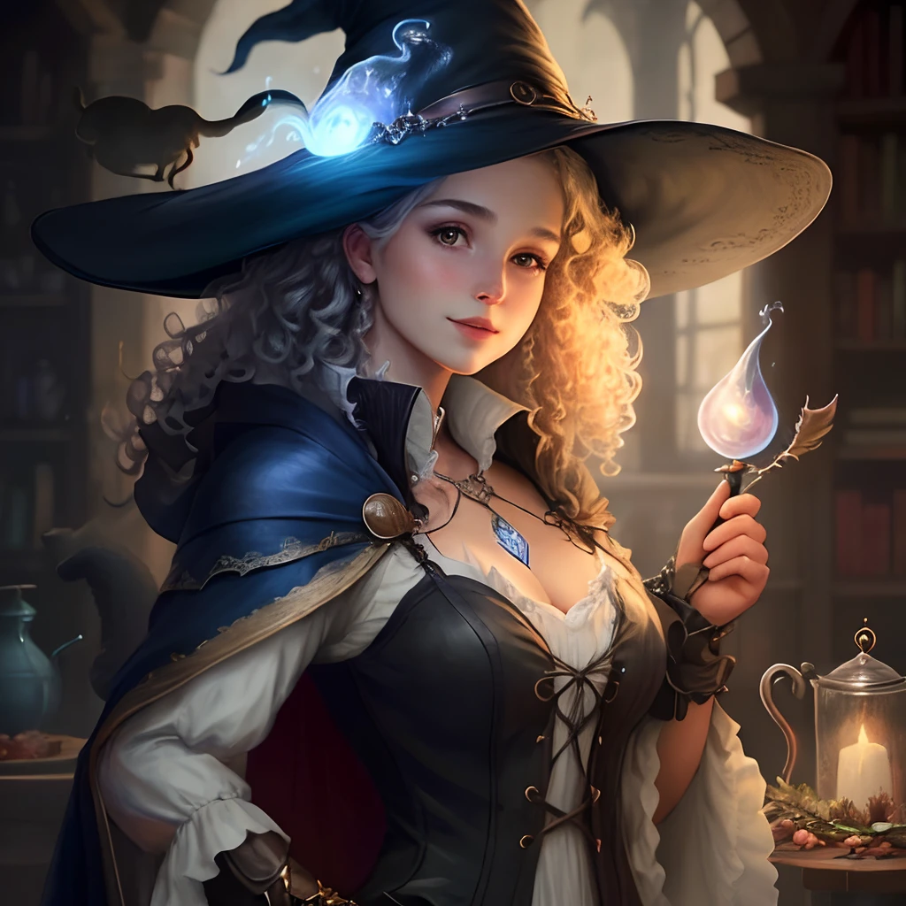 A girl, pretty, perky curls, realistic image, witchy, sorceress, magic hat, a cat