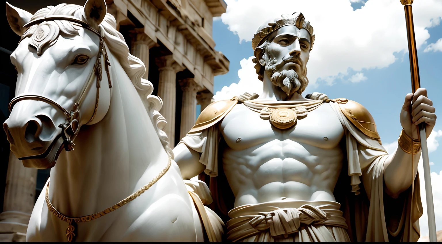 Greek statue of the Roman emperor, Marcus Aurelius, levantando uma espada, stoic, Realistic, sobre uma campanha militar