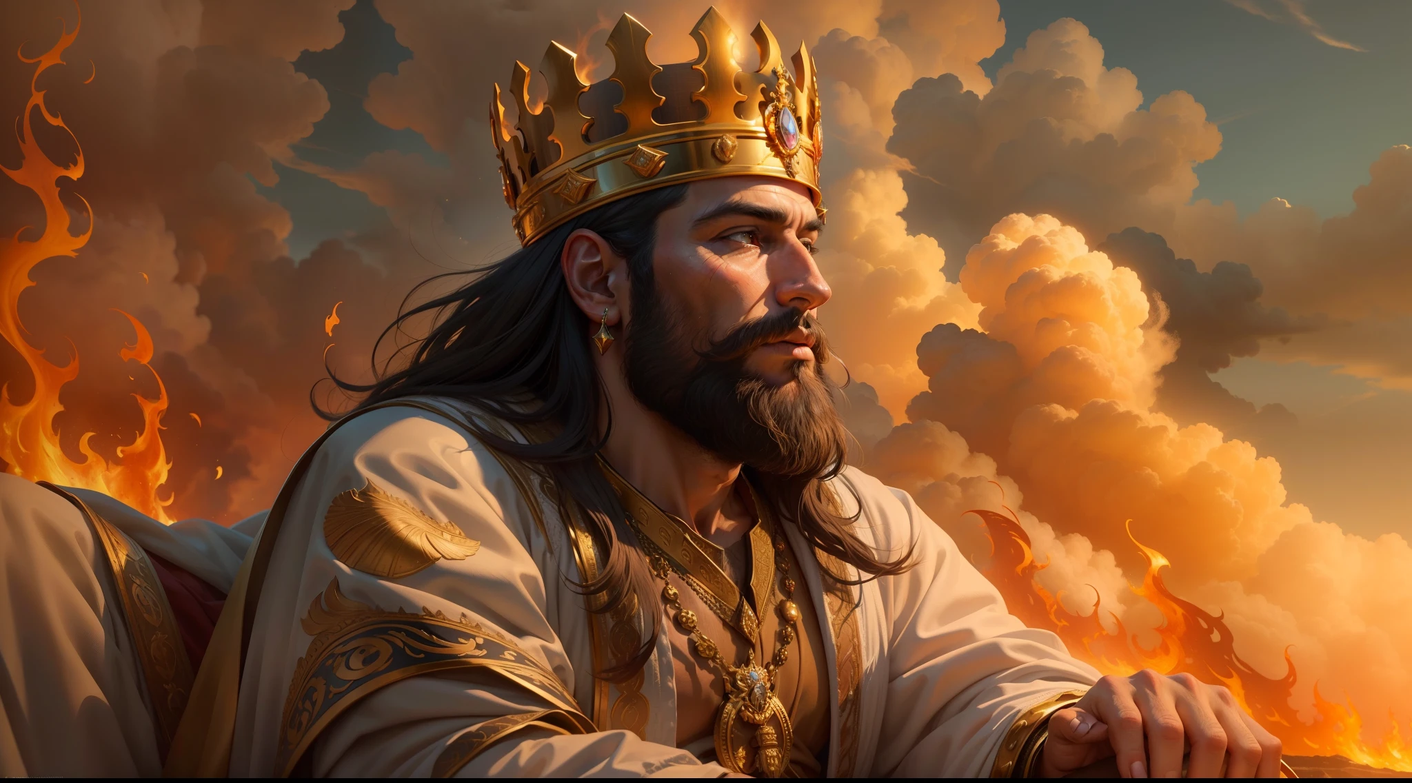 (best quality,realistic:1.2),Salomão sitting on the throne with a golden crown,profile view,amidst fiery sky clouds,sitting in the midst of burning sky clouds,extremely detailed,ultra-realistic,realistic facial features,beard,kingly expression,royal attire,regal pose,shadows and highlights,sparkling gems on the crown,rich and vibrant colors,historical art style,subtle lighting effects,burning clouds,grandeur,divine aura