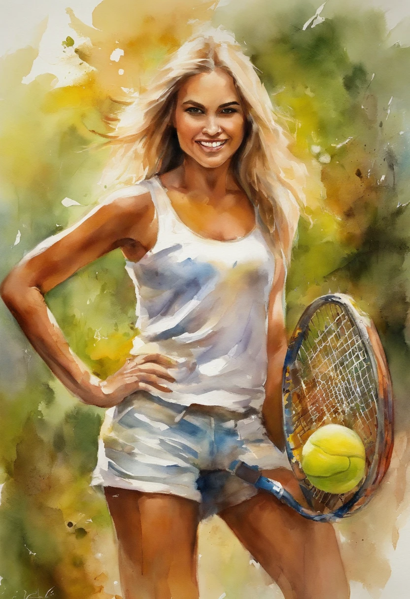 (obra-prima, mejor calidad),1chica joven sensual rubia feliz riendo con cabello claro jugando tenis en la cancha, raqueta en mano con sensacion de movimiento, warm lighting, vestida de mini skirt and shirt with logo advertisement , primer plano borroso