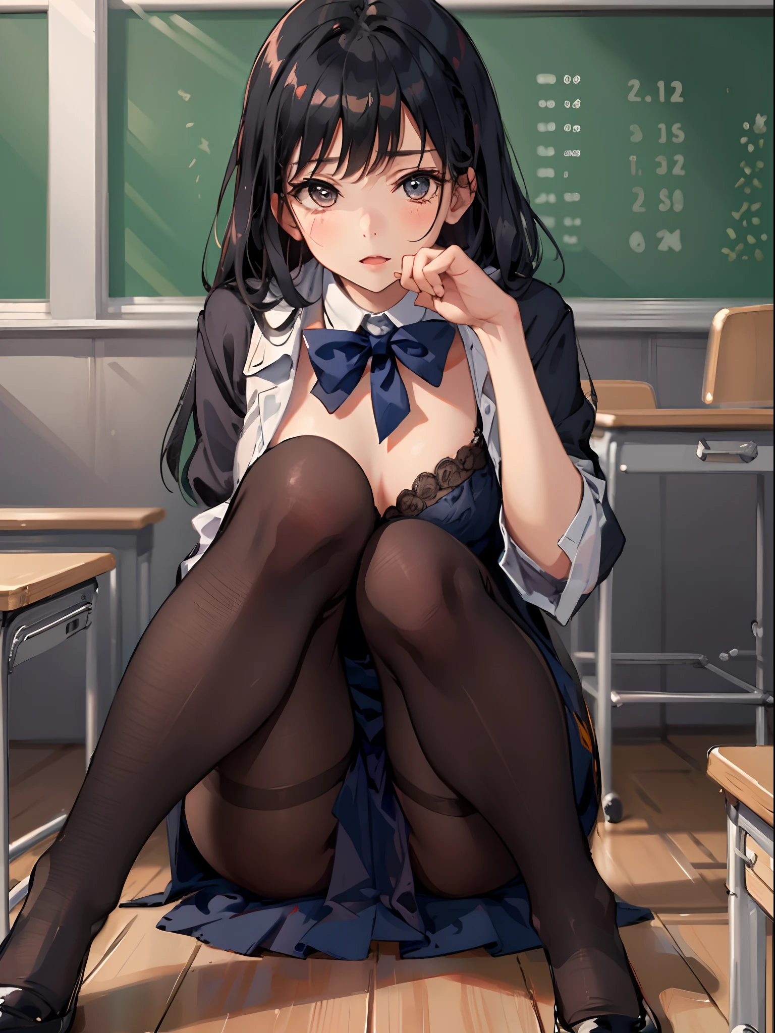 High detail, high quality, masterpiece, (small breasts)), impatient pet pose, school classroom, legs spread