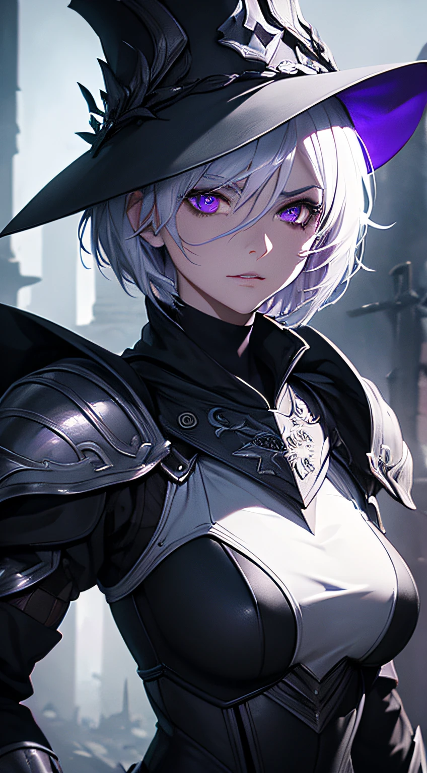 female drow,short white hair,purple eyes,light purple skin,black mage hat,wearing breastplate armor,black sword(physically-based rendering,ultra-fine painting),detailed face features,sharp focus,ultra-detailed,professional,vivid colors,dark atmosphere,bokeh,studio lighting,horror aesthetics,lit by moonlight,glowing magical symbols,ominous shadows,dark fantasy,portrait