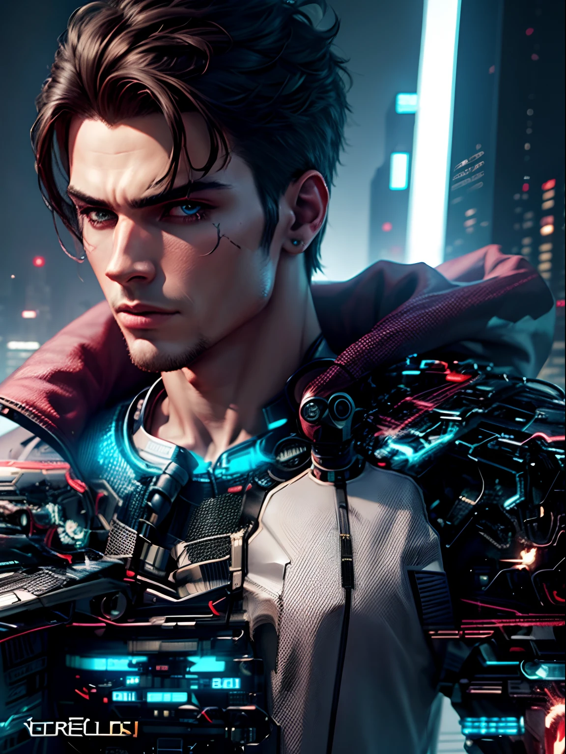 Change background cyberpunk, realistic face, handsome boy, super man,8k ultra realistic
