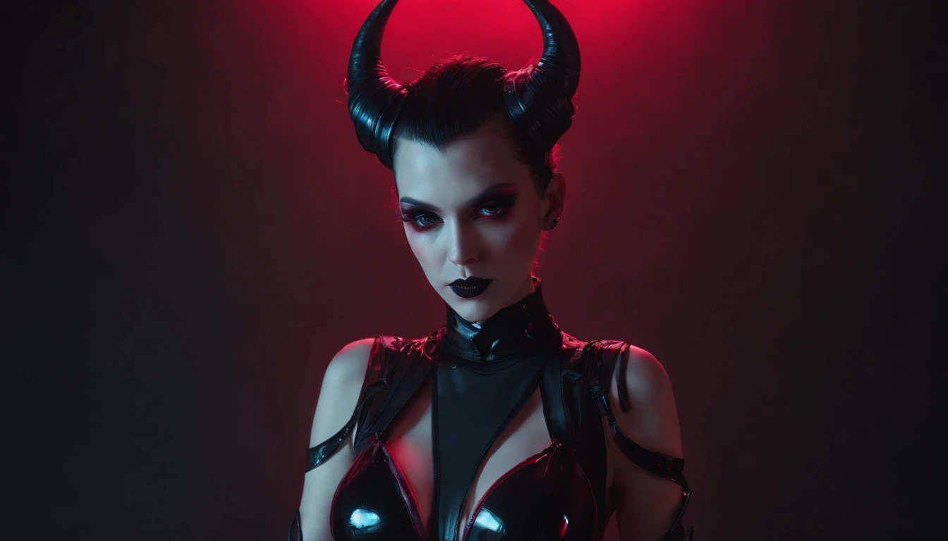 a demon woman with horns dressed in latex leotard posing for a photo, red neon behind her, goth asthetics, very beautiful goth top model, goth woman, dark goth queen, gothic horror vibes, goth girl, darksynth vibes, dark and intricate, gothic and futuristic, latex fetish, goth vibe, dark demonic dancer, ornamental gothic - cyberpunk, red lights, ultra detailed, hyper realistic, masterpiece.