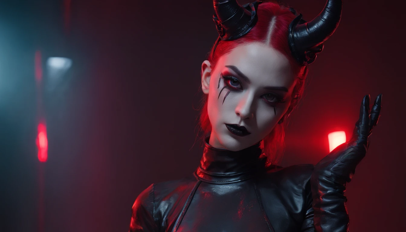 a demon woman with horns dressed in latex leotard posing for a photo, red neon behind her, goth asthetics, very beautiful goth top model, goth woman, dark goth queen, gothic horror vibes, goth girl, darksynth vibes, dark and intricate, gothic and futuristic, latex fetish, goth vibe, dark demonic dancer, ornamental gothic - cyberpunk, red lights, ultra detailed, hyper realistic, masterpiece.