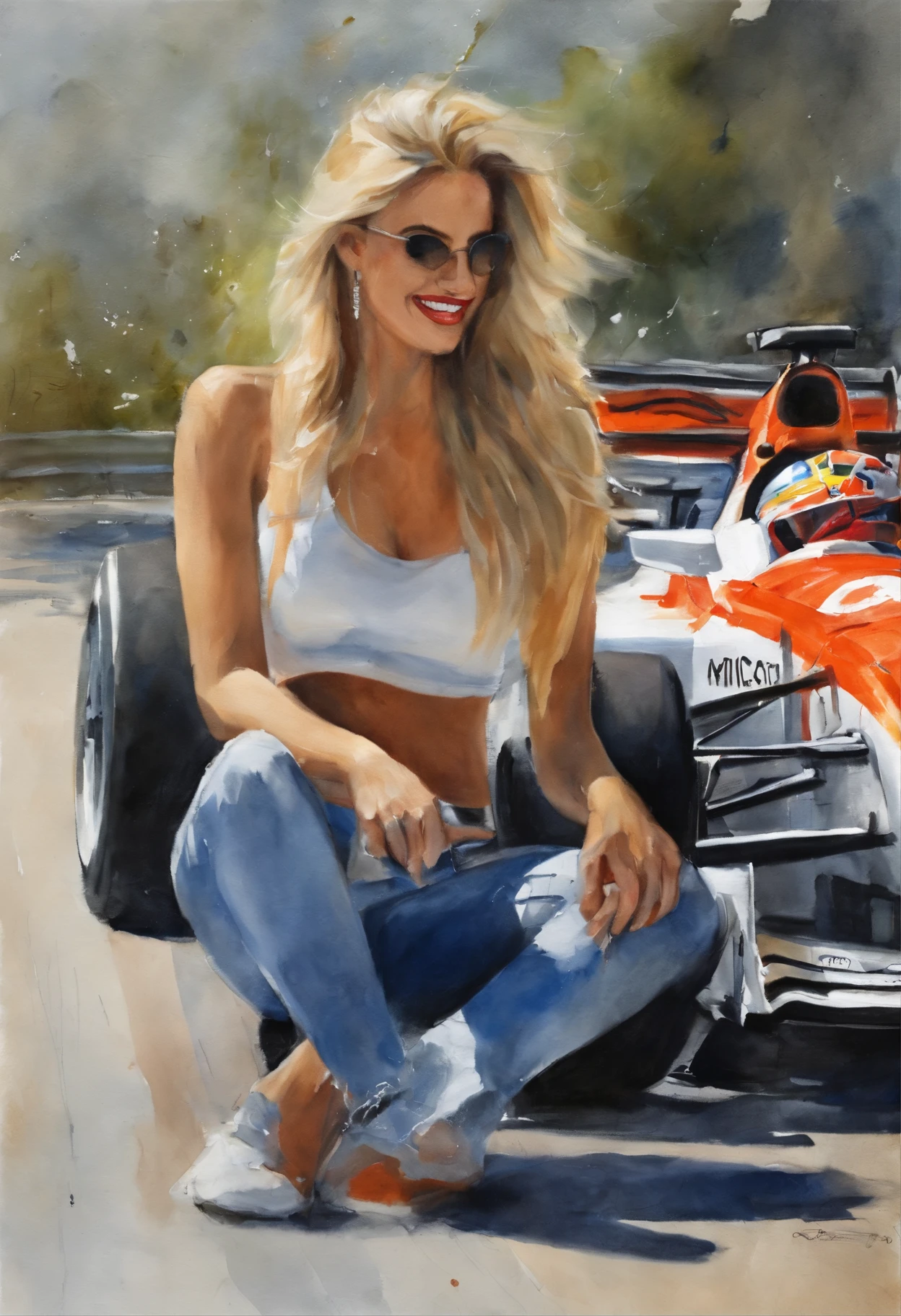 (obra-prima, mejor calidad),1chica joven sensual rubia feliz riendo con cabello claro sentada en un carro formula 1 en la pista, la mano debajo de la barbilla, cuerpo completo warm lighting, vestida de blue jeans and shirt with formula 1 logos patches, primer plano borroso