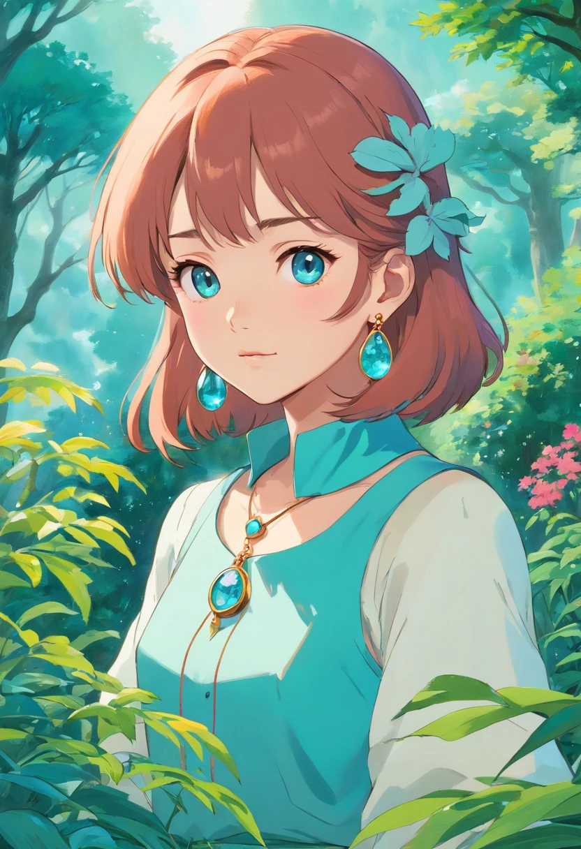 a girl wearing an anime collar, a long necklace and earrings, in the style of tranquil gardenscapes, colorful animation stills, masami teraoka, aquamarine, paul gauguin, Embry style, honest portrayal