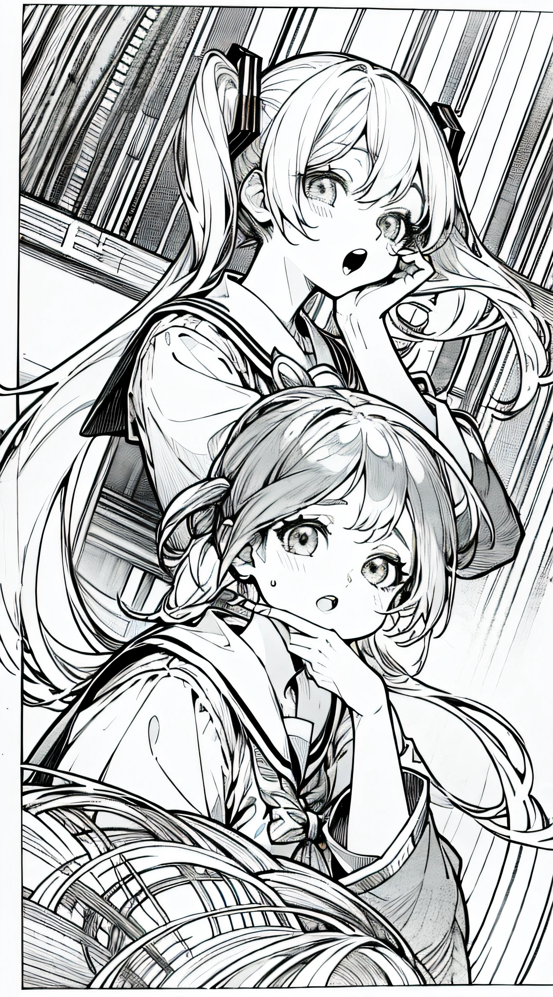 hatsune miku, japanese manga, manga page, high res, ultrasharp, 8k, masterpiece:1.2, manga panel, story, detailed eyes, intricate background, manga style, monochrome, twintail hair, different pose, idol scene, singing pose, extremely fine, detailed hand, schoolgirl uniform