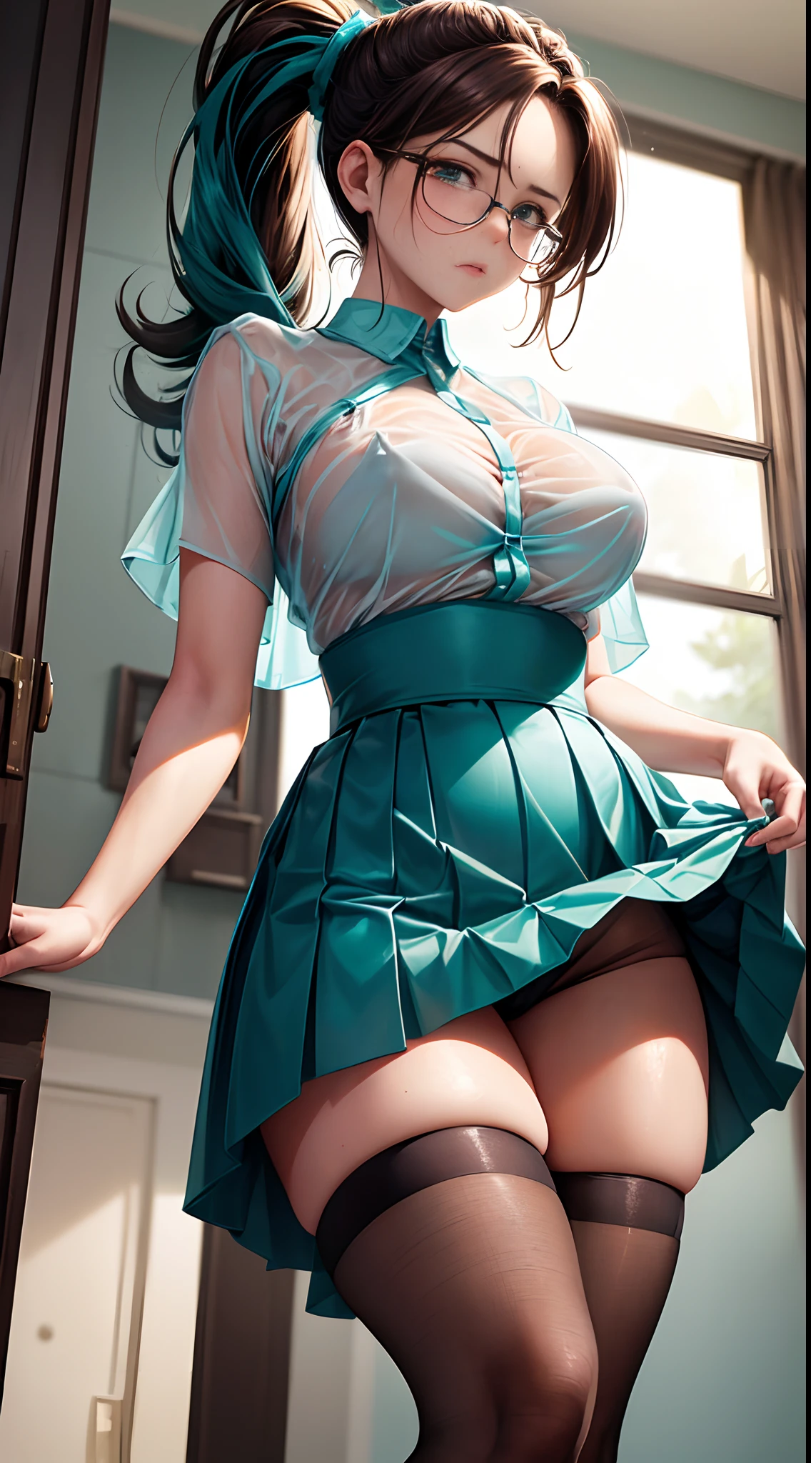 1womanl,18year old,Brown hair,Beautiful ponytail hairstyle, (Teal High Waist Skirt:1.3),, (See-through white shirt:1.3), (double-breasted,Underbust:1.2), Short sleeves, buttonGap,Frameless glasses,,Thighs are wet,(embarrassed:1.2),Pants are see-through,lift up skirt,