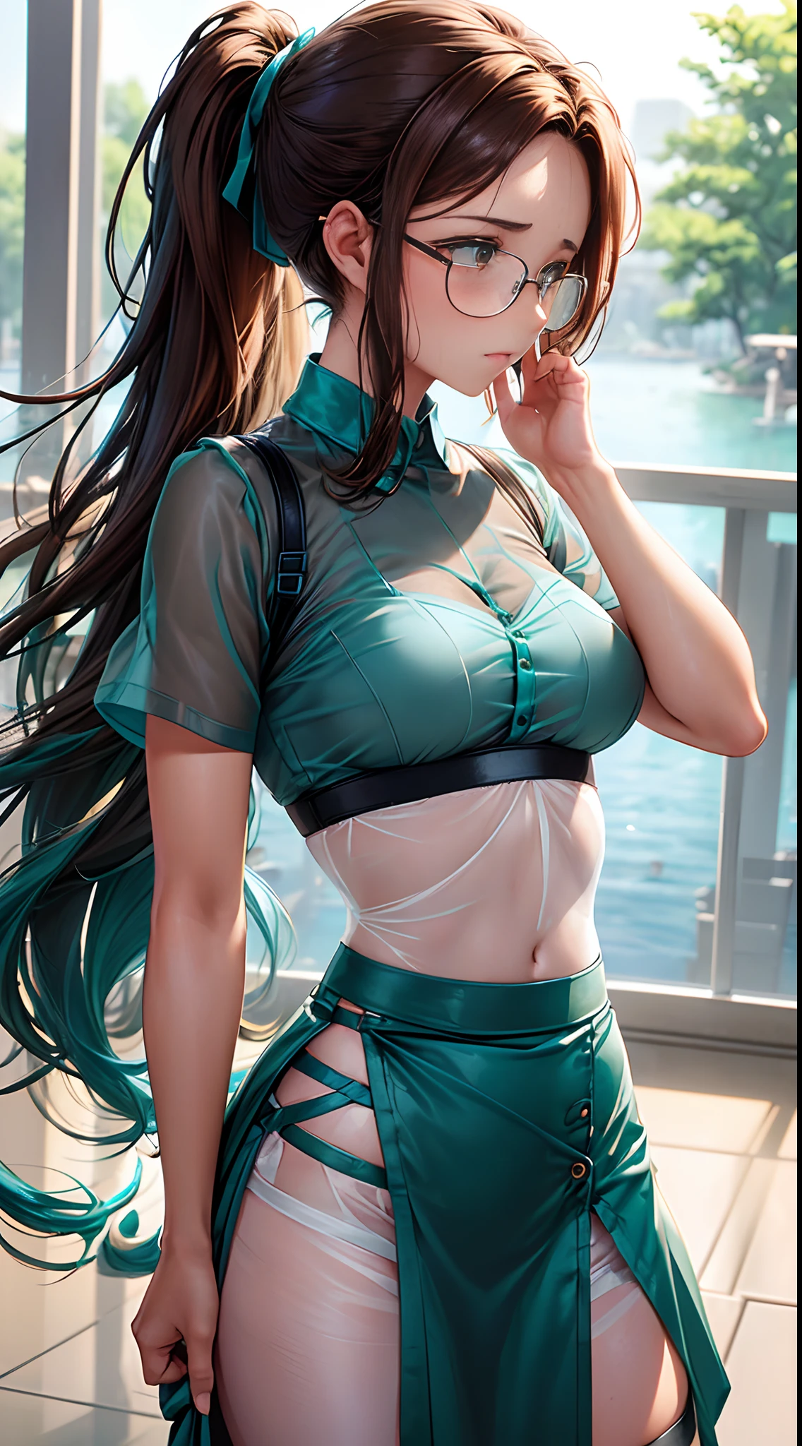 1womanl,18year old,Brown hair,Beautiful ponytail hairstyle, (Teal High Waist Skirt:1.3),, (See-through white shirt:1.3), (double-breasted,Underbust:1.2), Short sleeves, buttonGap,Frameless glasses,,Thighs are wet,(embarrassed:1.2),Pants are see-through,lift up skirt,