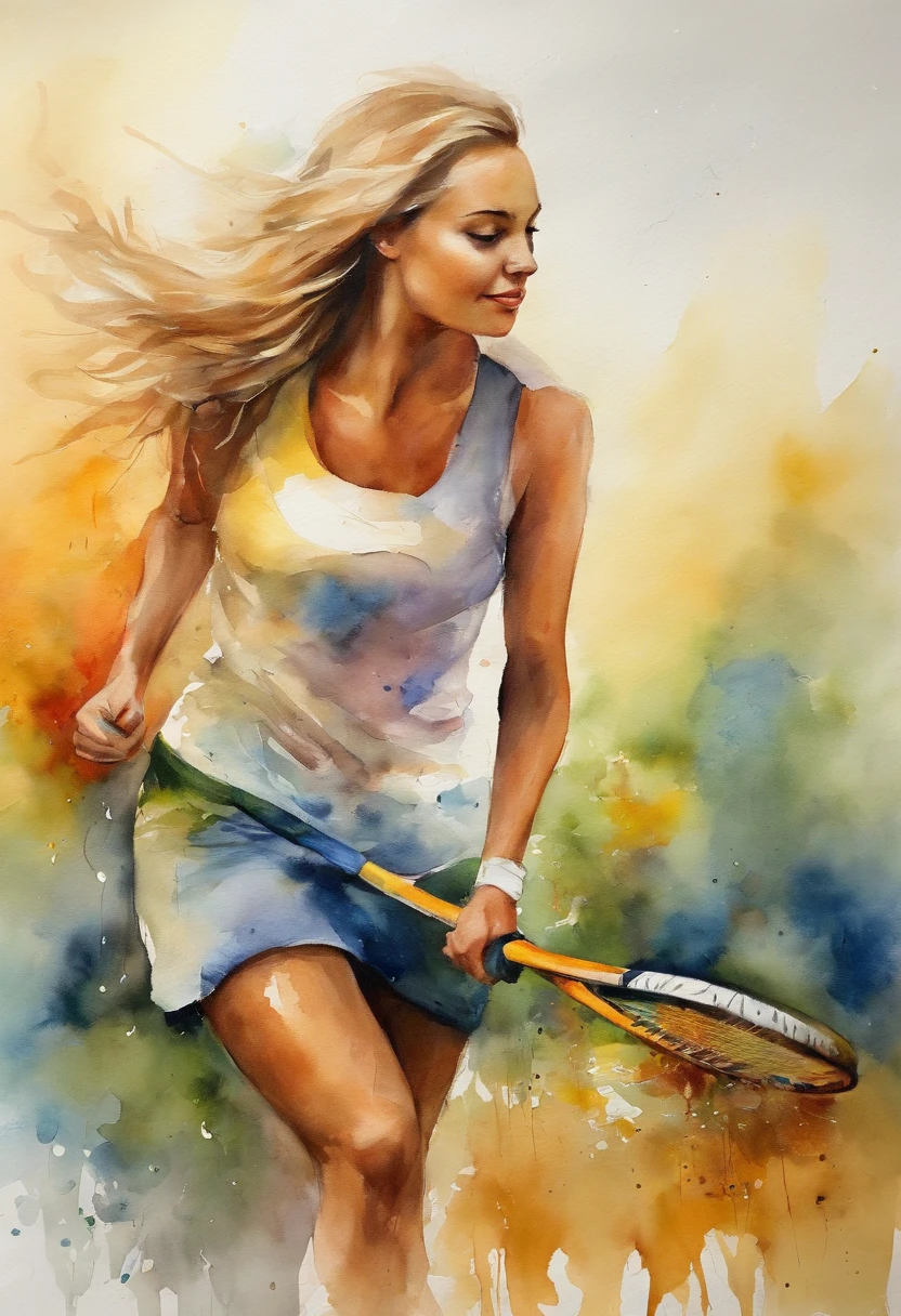 (obra-prima, mejor calidad),1chica joven sensual rubia feliz riendo con cabello claro jugando tenis en la cancha, raqueta en mano con sensacion de movimiento, warm lighting, vestida de mini skirt and shirt with logo advertisement , primer plano borroso