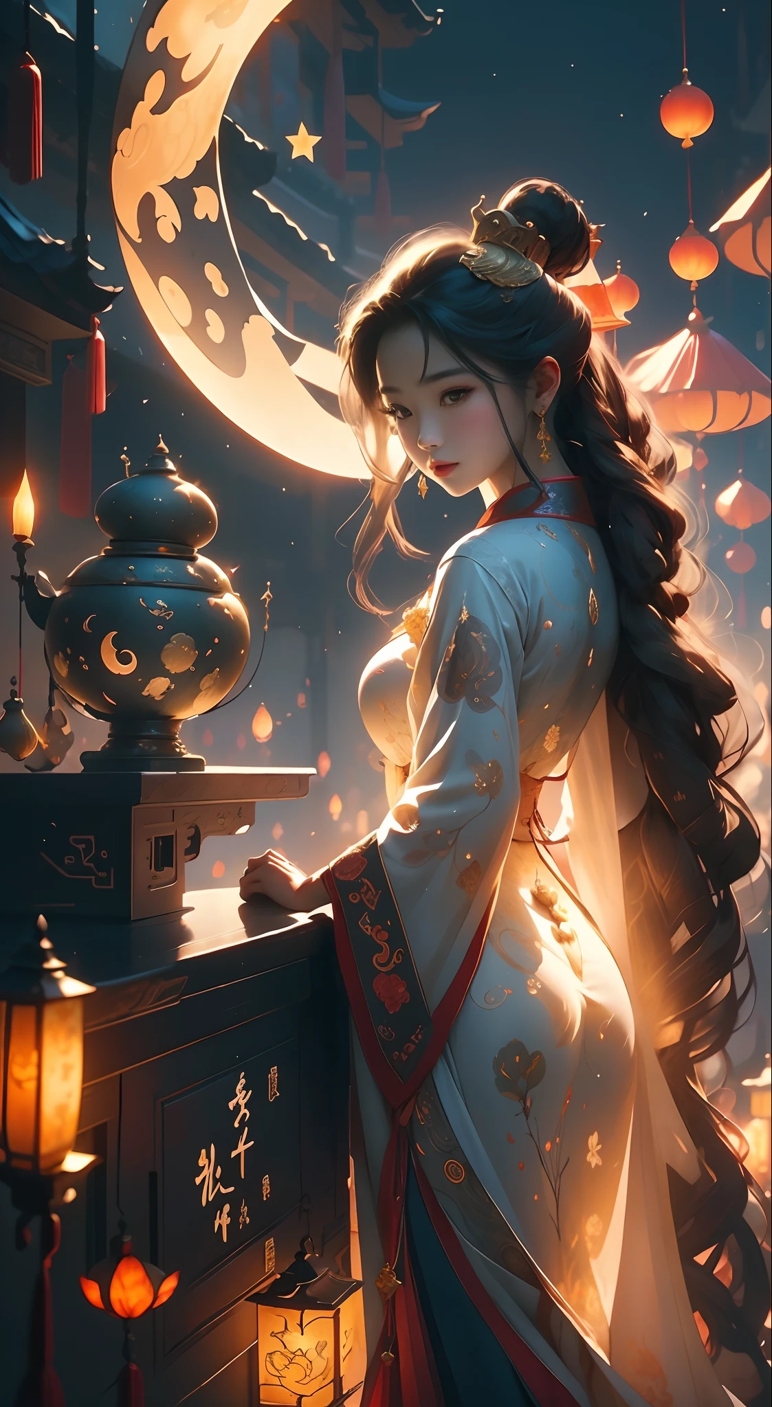 Chang'e and the rabbit's moonlight Mid-Autumn Festival, Masterpiece:1.2, Ultra-detailed, Realistic:1.37, Night scene, Tranquil atmosphere, Vivid colors, glowing lanterns, Mooncake feast, Traditional clothing, Elegant Chang'e, Delicate facial features, floating dress, Gentle smile, Graceful posture, Glowing full moon, Brilliant moonlight, glistening stars, Color harmony, Traditional Chinese gardens, enchanting scenery, Tranquil lotus pond, Peaceful night sky, The reflection of the moon on the water, Artisan painting, Soft brushstrokes, Ethereal atmosphere, Golden glow, Festive celebrations,(Moon Rabbit:1.3), Cute and fluffy, Fun interaction, Joyful festive atmosphere, Cultural heritage, Auspicious vibes.