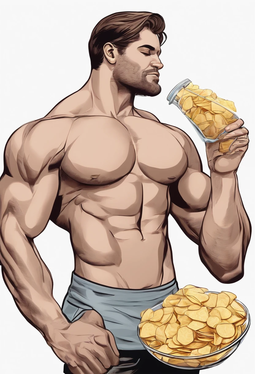 a couple of pictures of a man drinking water and eating chips, steroids, Pacote de 6 unidades, uso de esteroides, exaggerated muscle physique, Ganhos, big wide broad strong physique |, [ ABS rigidamente definido ]!!, imagem de comida super realista, digital illustration -, musculine, Defined muscles, tipo de corpo muscular, [ adamantly defined abs ]!!