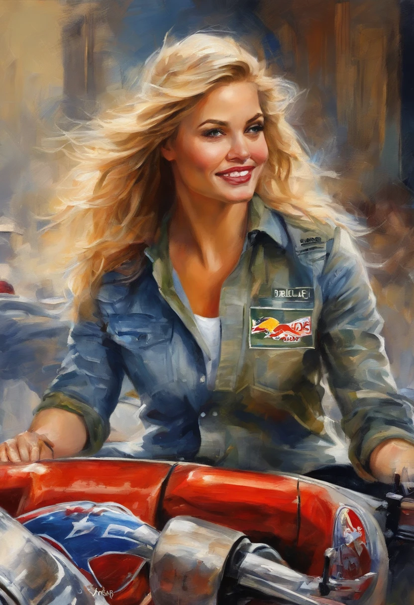 (obra-prima, mejor calidad),1chica joven sensual rubia feliz riendo con cabello claro sentada en un carro formula 1 en la pista, la mano debajo de la barbilla, cuerpo completo, full body, warm lighting, vestida de blue jeans and shirt with formula 1 logos patches, primer plano borroso