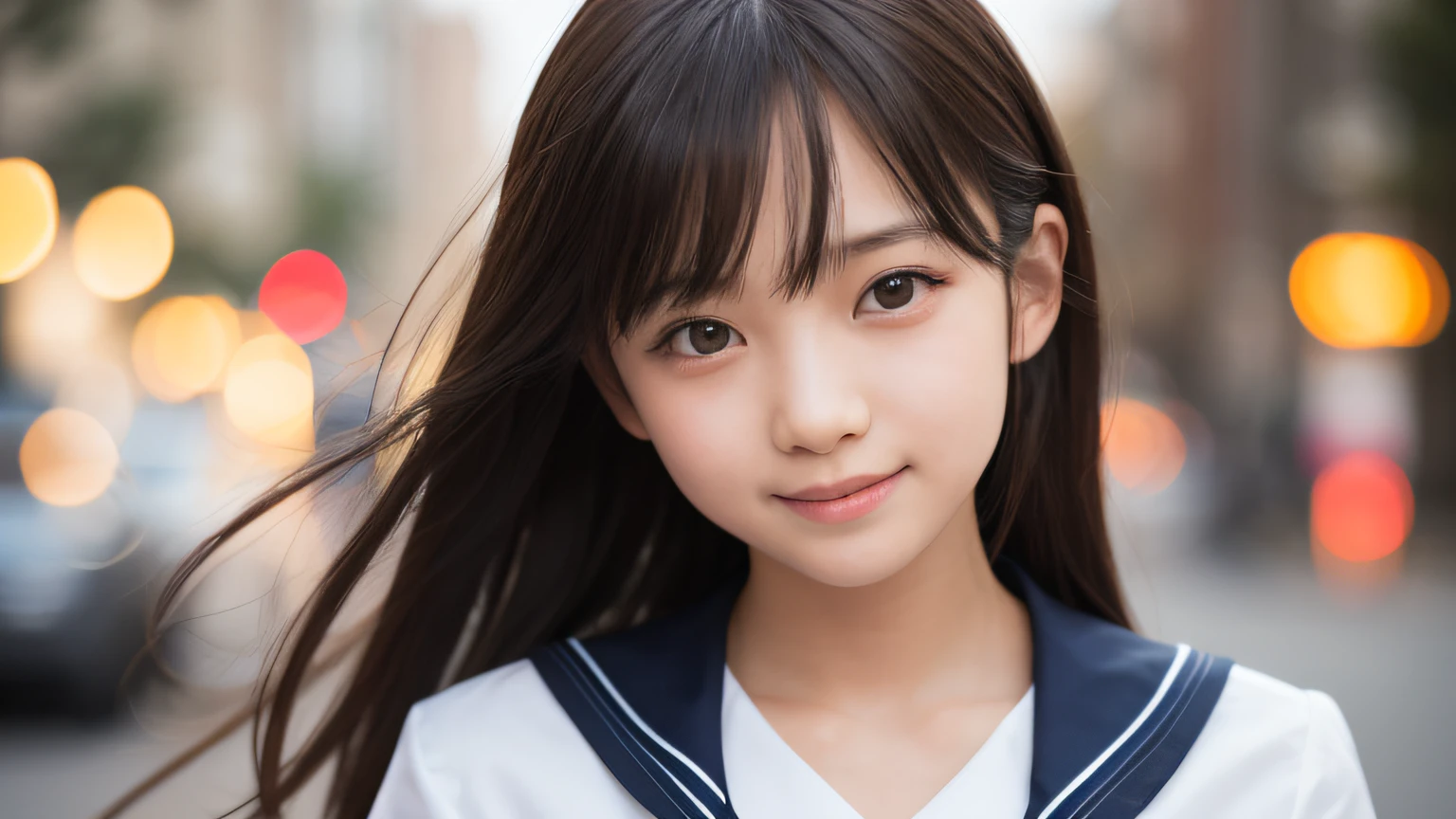 masutepiece, Best Quality, 8K, 8yo student, Teen, Raw photo, absurderes, award winning portrait, Smile, Solo, Idol face, Delicate girl, Upper body, Digital SLR, Looking at Viewer, Candid, Sophisticated, Thin arms, Professional Lighting, Film grain, chromatic abberation, (Eyes and faces with detailed:1.0), (Bokeh:1.1) , sailor uniform , closes mouth , short hair , long hair , huge breast