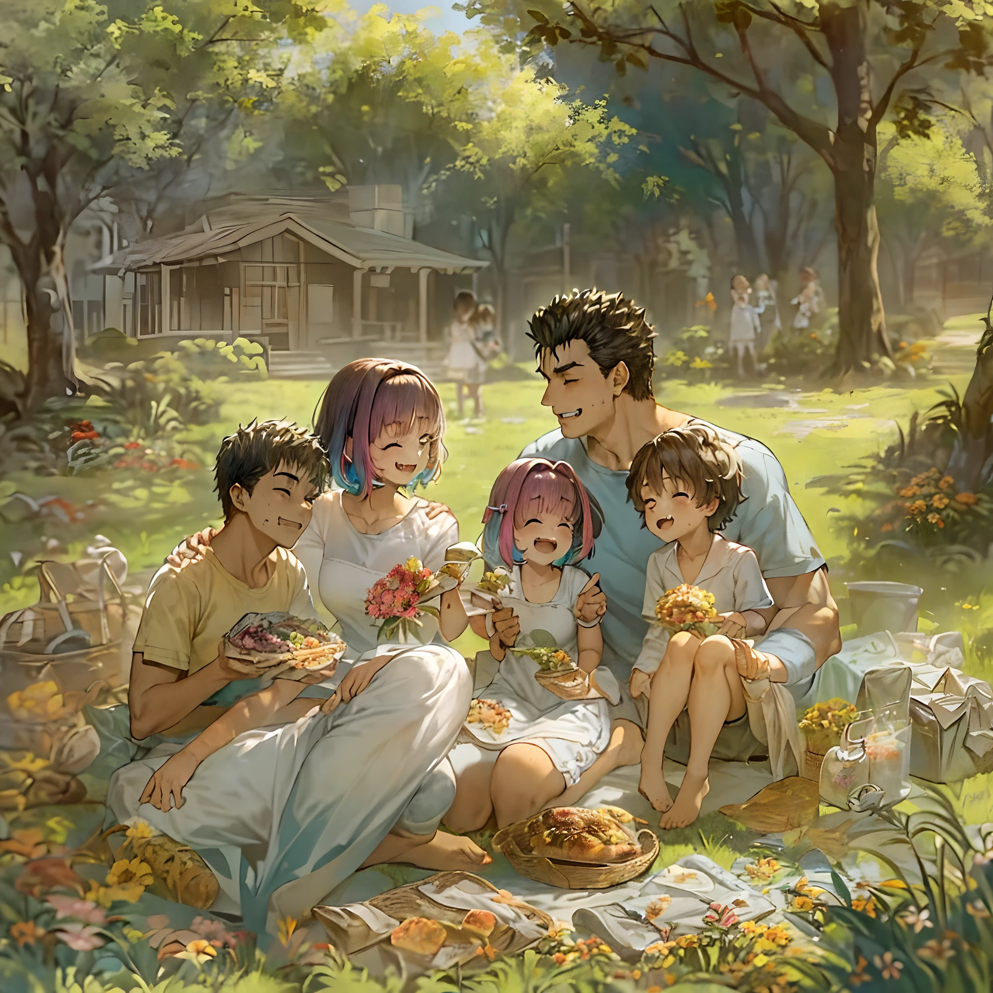 (a happy family in a picnic garden),(riamu as a motherly figure),(riamu and her husband spending quality time),(a couple enjoying the outdoors),(riamu's children playing and having fun),(guts as a loving and caring father),(a loving husband and wife),(riamu and her son sharing a joyful bond),(a happy and harmonious family),(the joyful laughter of children),(the warmth of family bonds),(a picturesque garden scene),(the vibrant colors of nature),(the soft sunlight filtering through the trees),(a peaceful and serene atmosphere),(guts and riamu surrounded by blooming flowers),(the scent of freshly cut grass),(a delicious picnic spread with a variety of food),(the sound of birds chirping),(the feeling of grass beneath their feet),(the love and happiness radiating from the family),(a moment of pure joy and togetherness),(a snapshot of a perfect family outing),(a memory to be cherished forever)