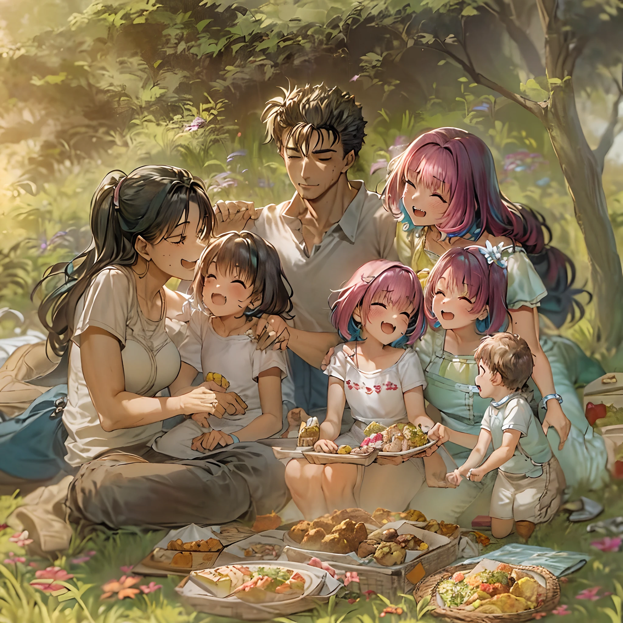 (a happy family in a picnic garden),(riamu as a motherly figure),(riamu and her husband spending quality time),(a couple enjoying the outdoors),(riamu's children playing and having fun),(guts as a loving and caring father),(a loving husband and wife),(riamu and her son sharing a joyful bond),(a happy and harmonious family),(the joyful laughter of children),(the warmth of family bonds),(a picturesque garden scene),(the vibrant colors of nature),(the soft sunlight filtering through the trees),(a peaceful and serene atmosphere),(guts and riamu surrounded by blooming flowers),(the scent of freshly cut grass),(a delicious picnic spread with a variety of food),(the sound of birds chirping),(the feeling of grass beneath their feet),(the love and happiness radiating from the family),(a moment of pure joy and togetherness),(a snapshot of a perfect family outing),(a memory to be cherished forever)