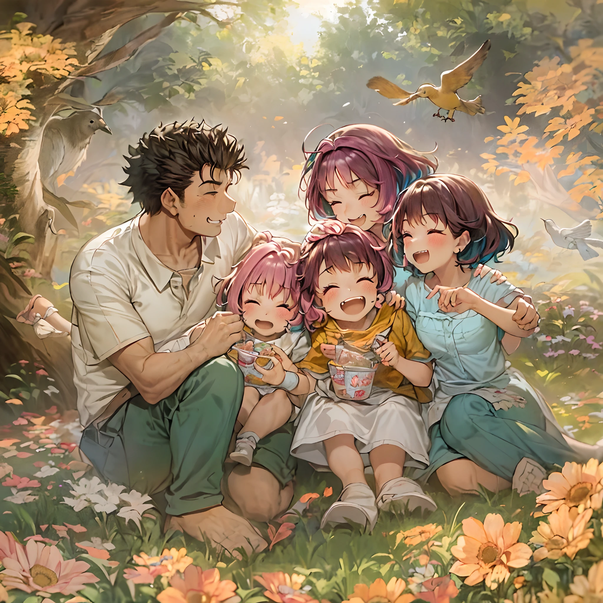 (a happy family in a picnic garden),(riamu as a motherly figure),(riamu and her husband spending quality time),(a couple enjoying the outdoors),(riamu's children playing and having fun),(guts as a loving and caring father),(a loving husband and wife),(riamu and her son sharing a joyful bond),(a happy and harmonious family),(the joyful laughter of children),(the warmth of family bonds),(a picturesque garden scene),(the vibrant colors of nature),(the soft sunlight filtering through the trees),(a peaceful and serene atmosphere),(guts and riamu surrounded by blooming flowers),(the scent of freshly cut grass),(a delicious picnic spread with a variety of food),(the sound of birds chirping),(the feeling of grass beneath their feet),(the love and happiness radiating from the family),(a moment of pure joy and togetherness),(a snapshot of a perfect family outing),(a memory to be cherished forever)