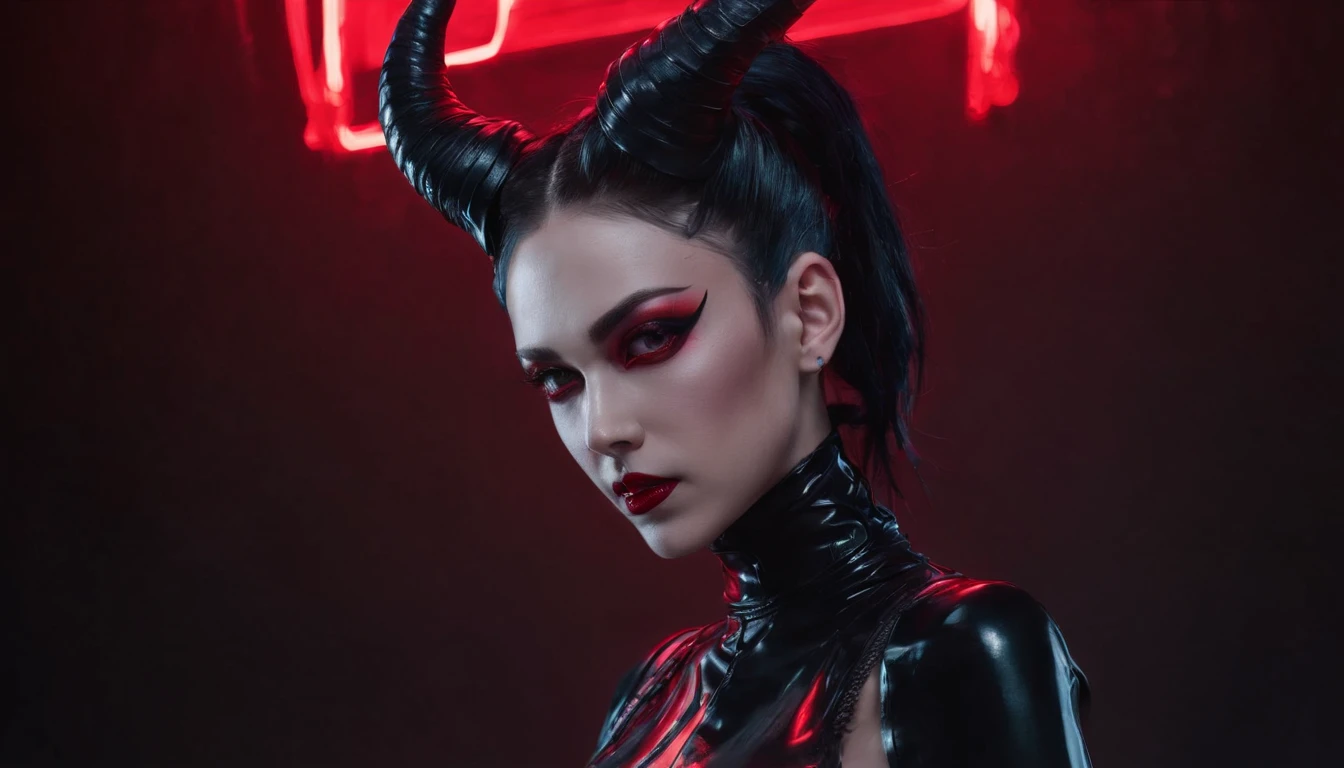 a demon woman with horns dressed in latex leotard posing for a photo, red neon behind her, goth asthetics, very beautiful goth top model, goth woman, dark goth queen, gothic horror vibes, goth girl, darksynth vibes, dark and intricate, gothic and futuristic, latex fetish, goth vibe, dark demonic dancer, ornamental gothic - cyberpunk, red lights, ultra detailed, hyper realistic, masterpiece.