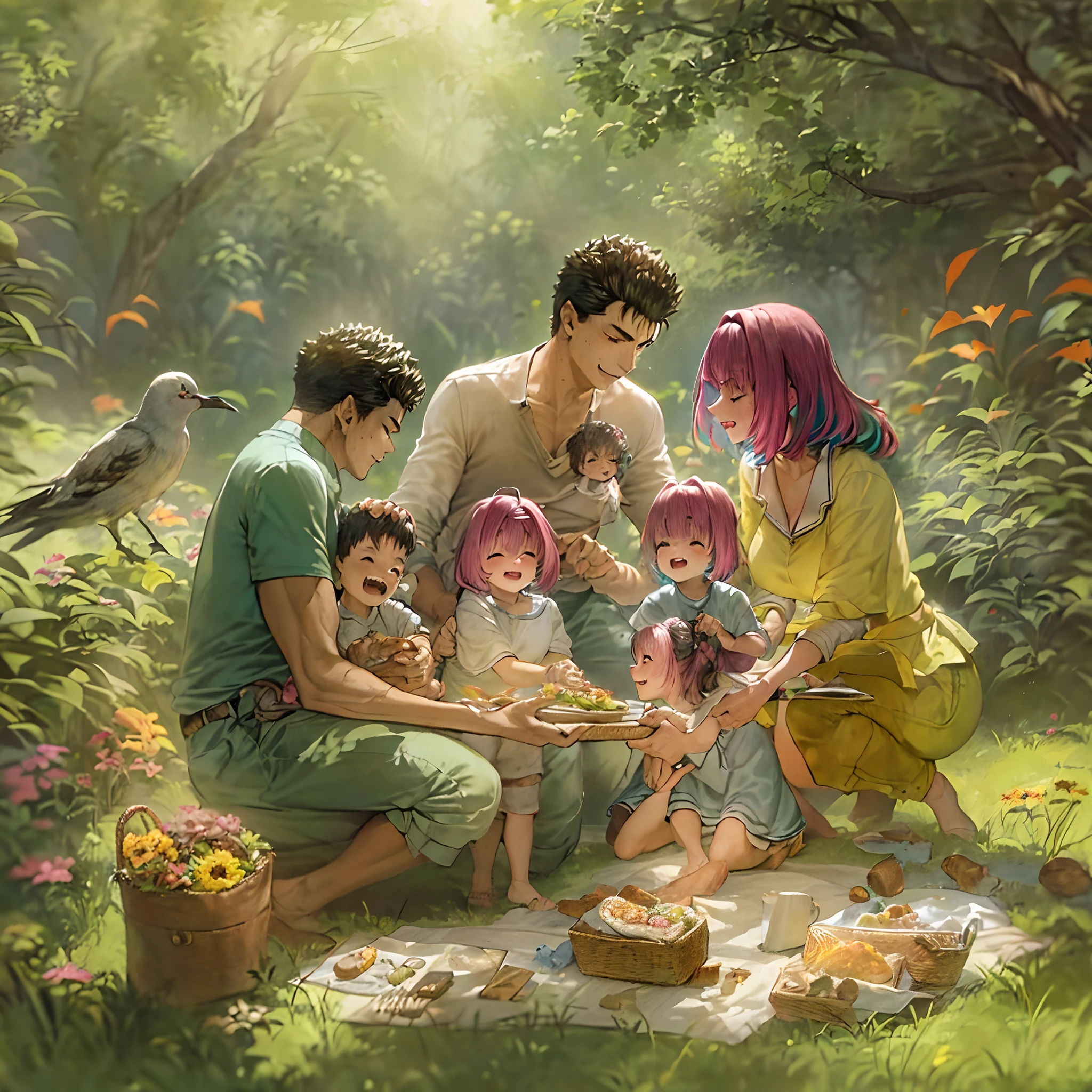 (a happy family in a picnic garden),(riamu as a motherly figure),(riamu and her husband spending quality time),(a couple enjoying the outdoors),(riamu's children playing and having fun),(guts as a loving and caring father),(a loving husband and wife),(riamu and her son sharing a joyful bond),(a happy and harmonious family),(the joyful laughter of children),(the warmth of family bonds),(a picturesque garden scene),(the vibrant colors of nature),(the soft sunlight filtering through the trees),(a peaceful and serene atmosphere),(guts and riamu surrounded by blooming flowers),(the scent of freshly cut grass),(a delicious picnic spread with a variety of food),(the sound of birds chirping),(the feeling of grass beneath their feet),(the love and happiness radiating from the family),(a moment of pure joy and togetherness),(a snapshot of a perfect family outing),(a memory to be cherished forever)