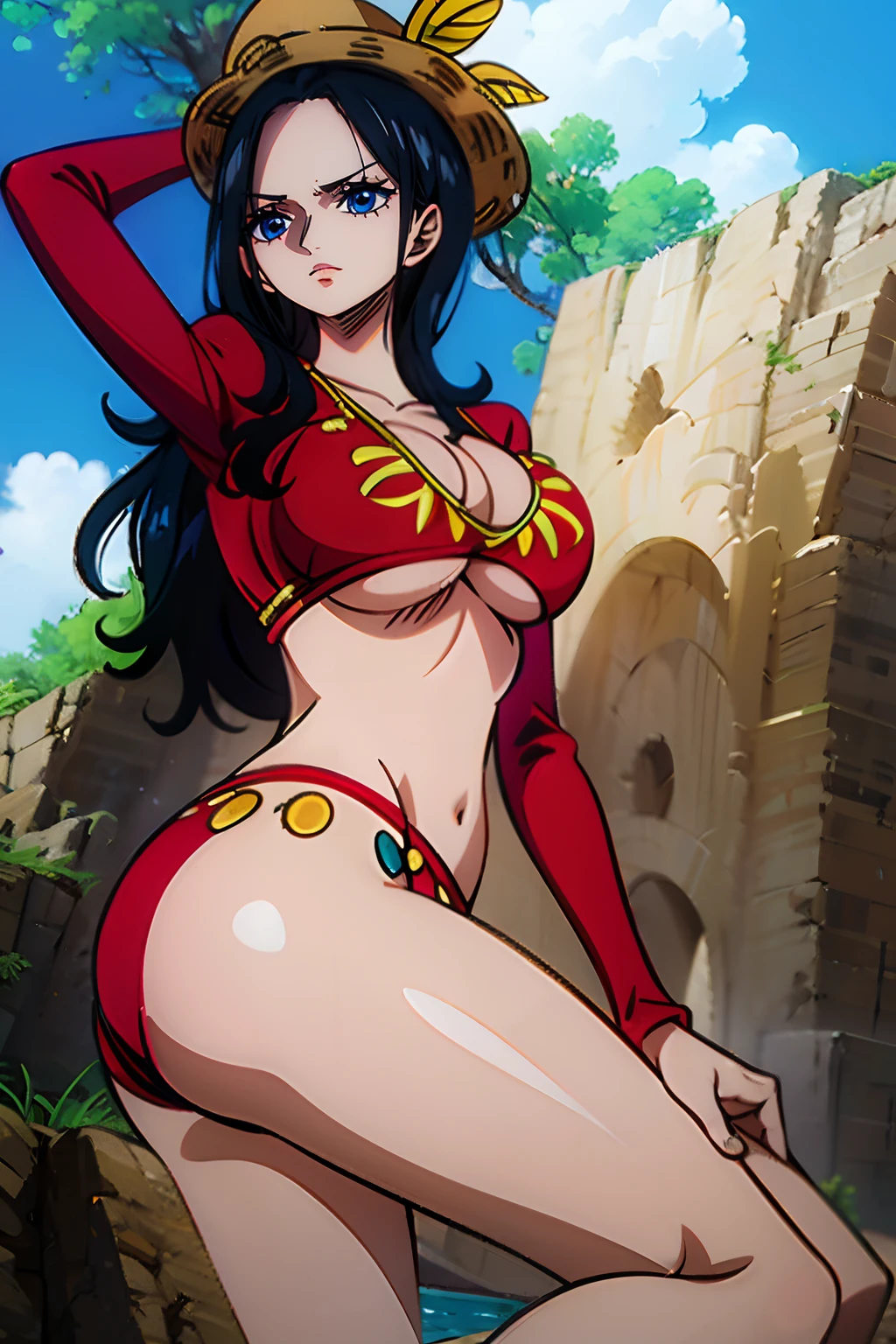 Nico Robin from One Piece wearing a tight red bikini and she’s look happy, high quality eyes, blue eyes, Shiny eyes, Shiny white skin, puffy red lips, high quality lips, showing the ass, big ass, big boobs, best quality.