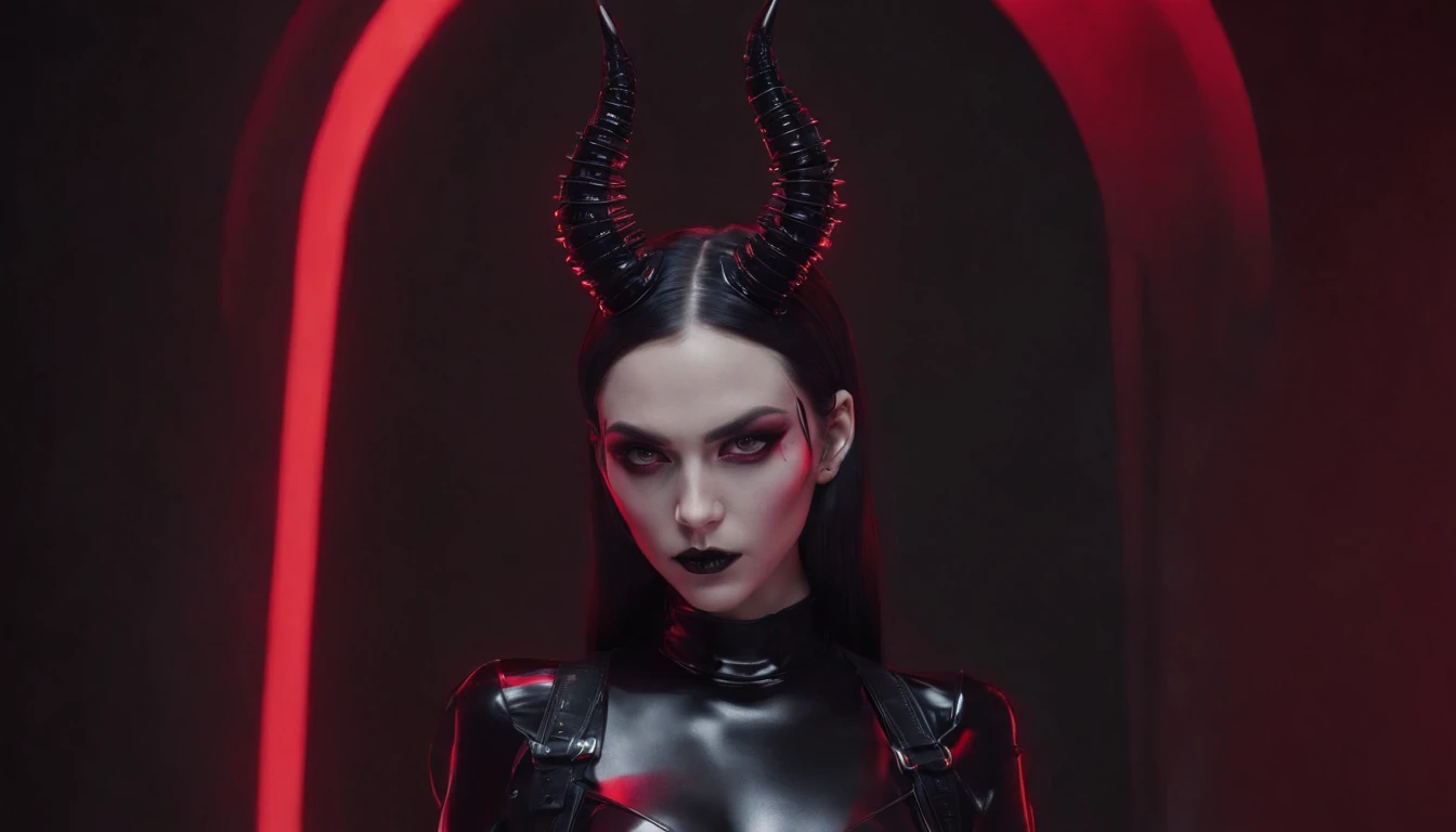 1 Demon woman with horns, black  long hair, ultra detailed face and eyes, Eye color red, hyperrealistic, realistic representation, 30 years old, dancing in hell, pretty face, her clothing is a long chain dress, wears high strap boots, in the background you can see demons, full body view 