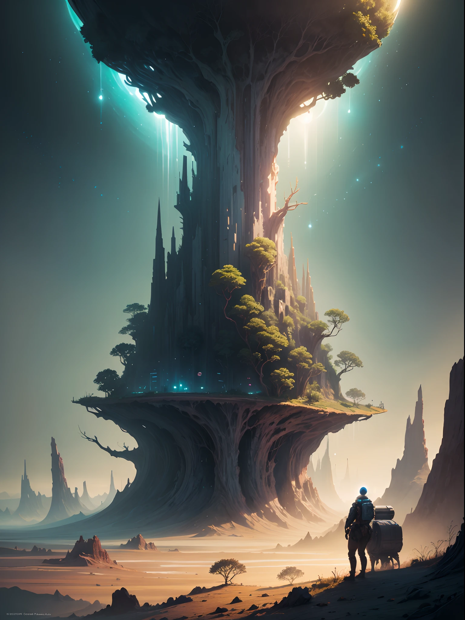 Sci-fi digital painting of an alien landscape with otherworldly plants, strange creatures, and distant planets, ((cinematic lighting))