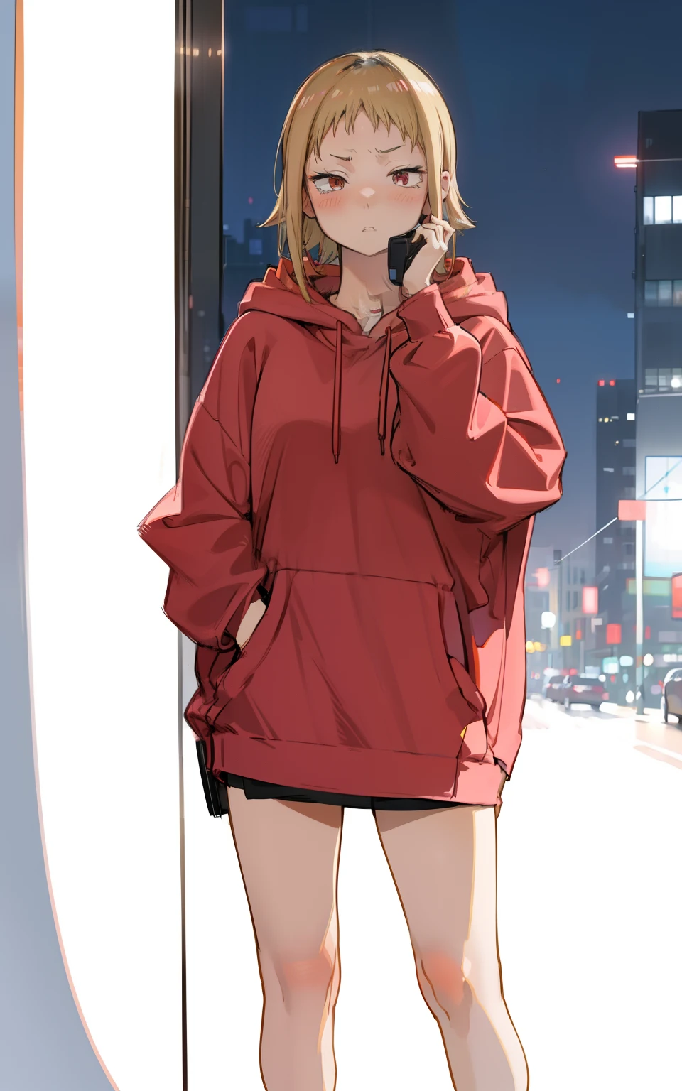 (finely best quality illustration:1.2), (kawaii girl:1.0), (1girl, solo:1.0),(ultra-detailed, highres, 4k:1.0), Akane Sawatari, mean look, blushing, serious look, blush, red hoodie, night city sky background, slender body, on the phone, standing