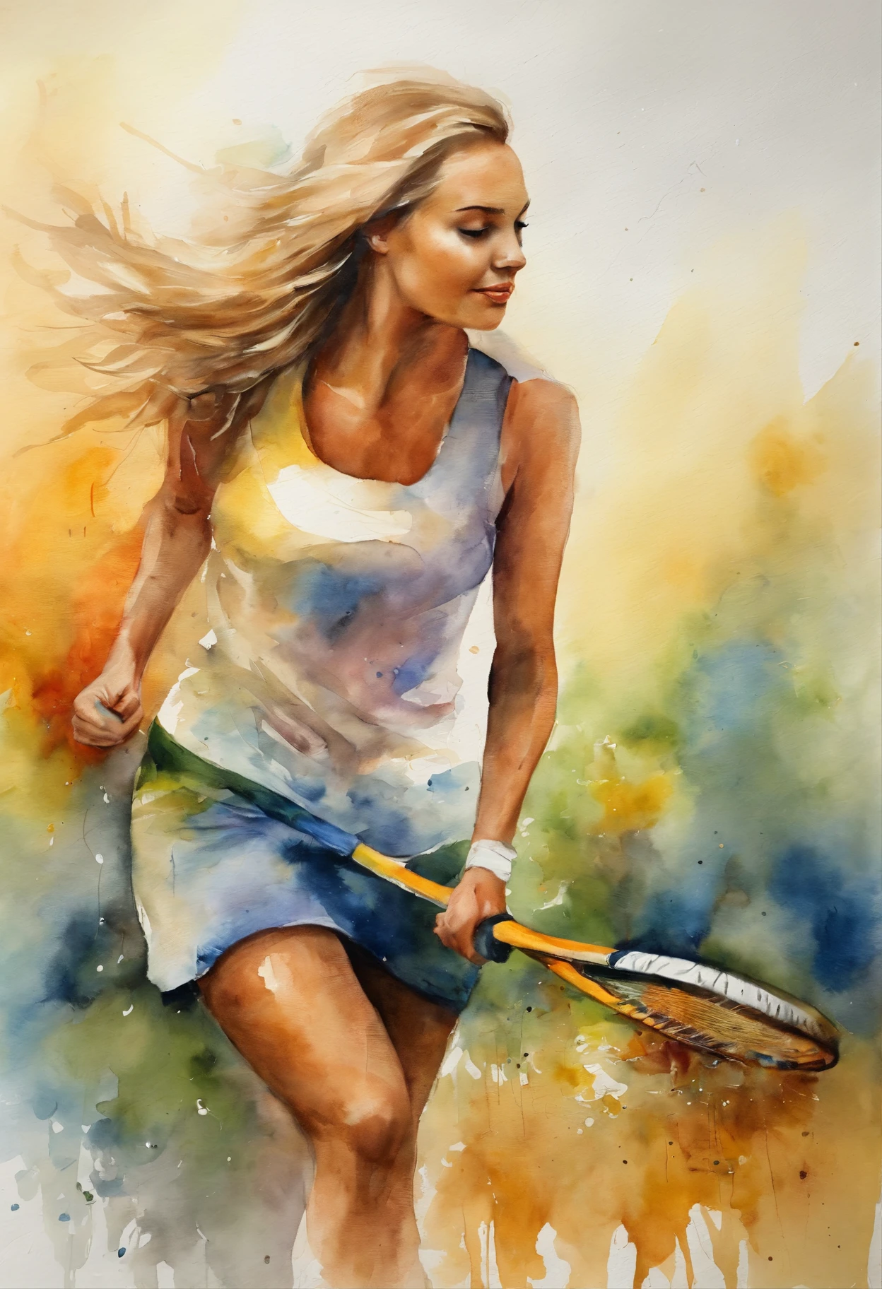 (obra-prima, mejor calidad),1chica joven sensual rubia feliz riendo con cabello claro jugando tenis en la cancha, raqueta en mano con sensacion de movimiento, warm lighting, vestida de mini skirt  and shirt with logo advertisement , primer plano borroso