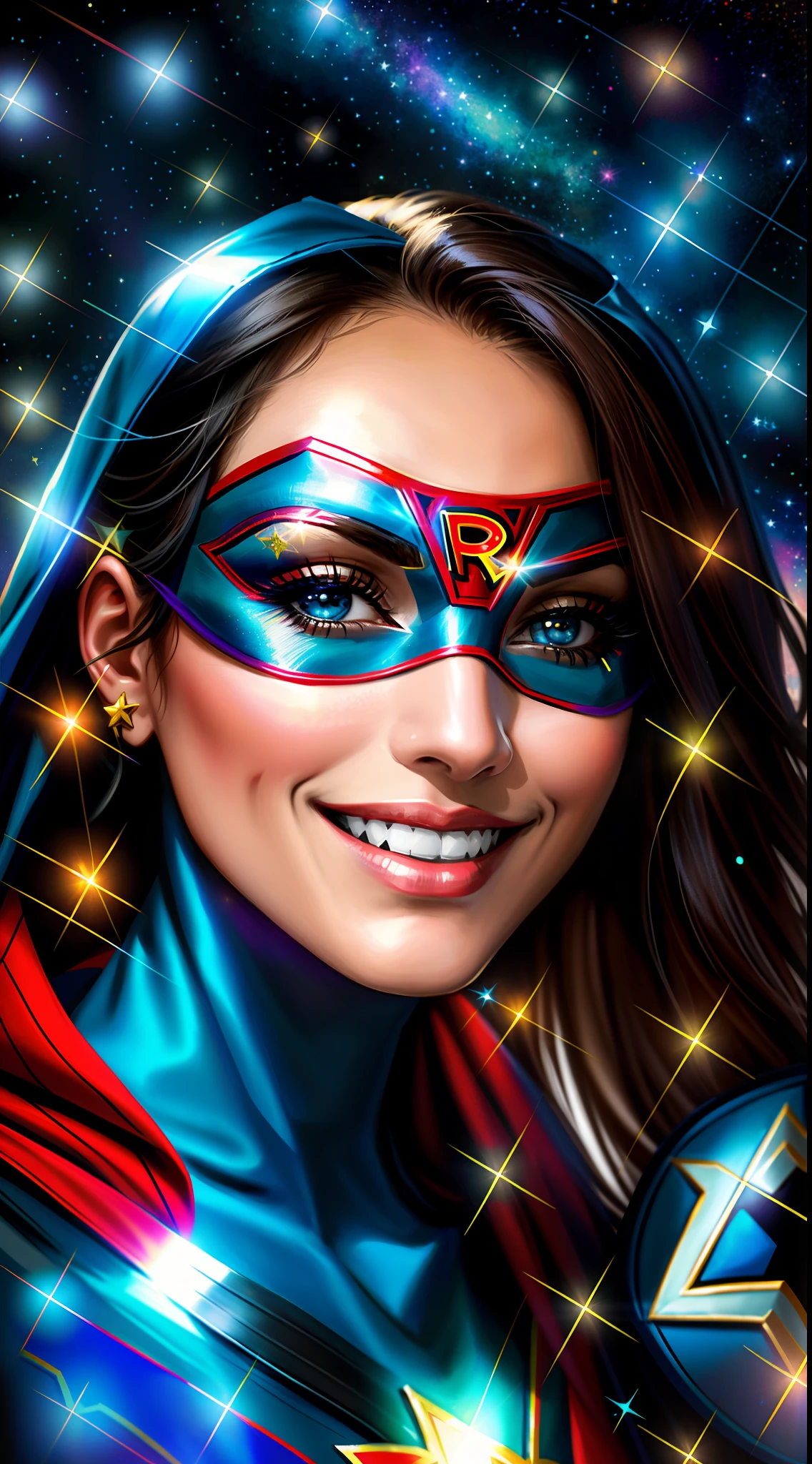 Arafed woman with mask and stars in background, smiling mask, Superhero portrait, superhero mask, inspirado em Raphael, pintura digital brilhante, mascarado, foto do perfil, rosto mascarado, masquerade mask, tordo, super-hero girl, heroic look.