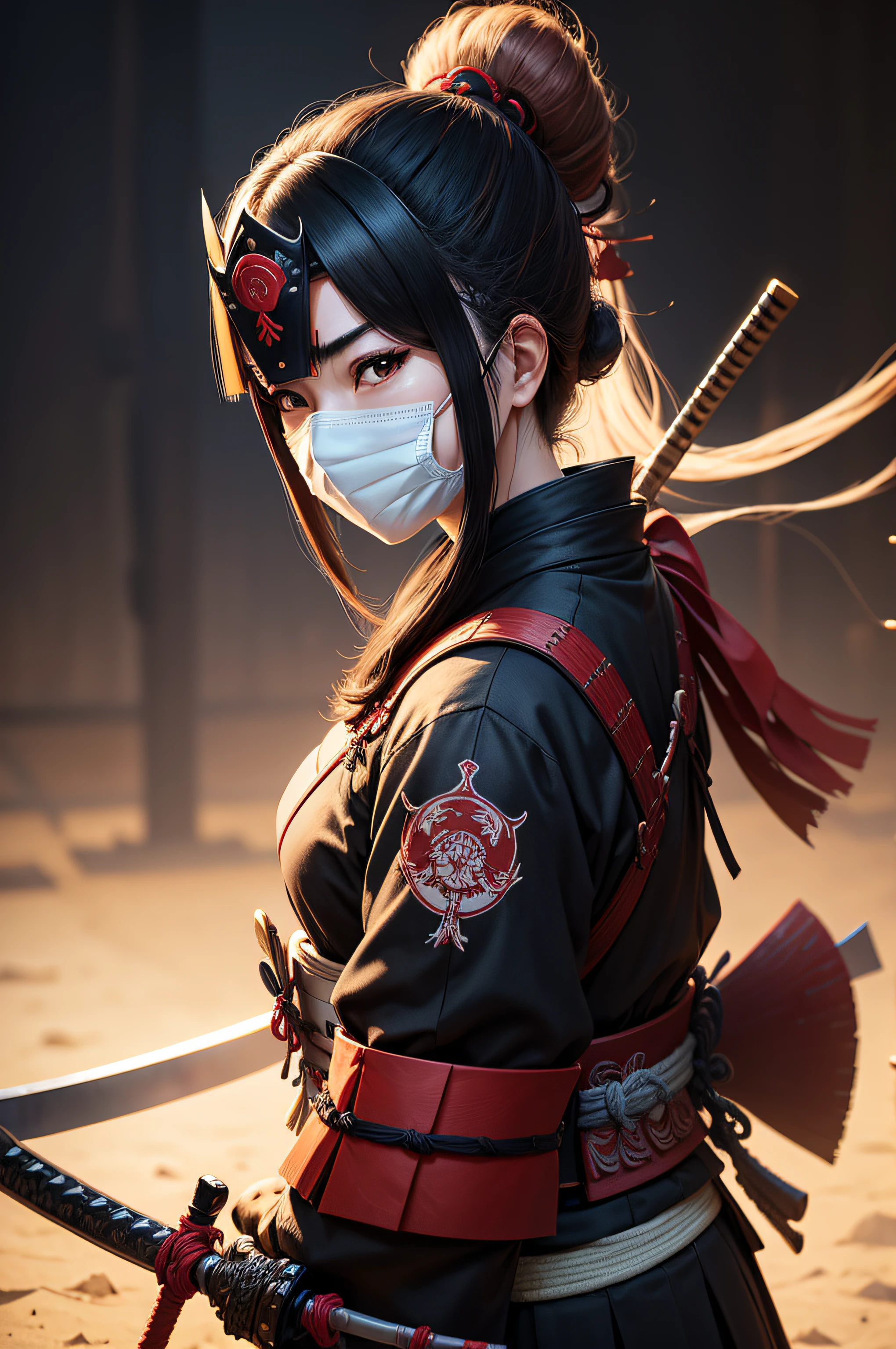 Japanese front mask, altamente detalhado, Samurai, Mulher linda, full body, Samurai sword