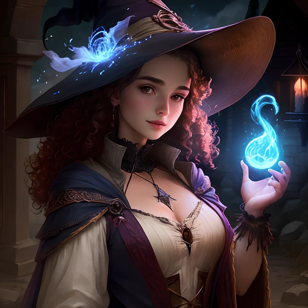 woman in her 20s, (perfect face), defined jawline, (beautiful bright orange eyes:1.2), beautiful lips, (long brown flowing wavy hair:1.2), (perfect hands), (intricate blue long-sleeved enchantress outfit), scarf, (big intricate blue witch hat), (warm volumetric lighting), looking at viewer, (medium shot photograph), (fantasy library background:1.2), photorealistic